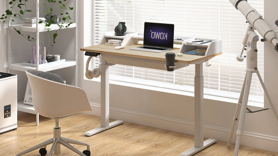 KOWO 48" K304 Electric Height Adjustable Standing Desk with Hutch and Drawer, Natural/White