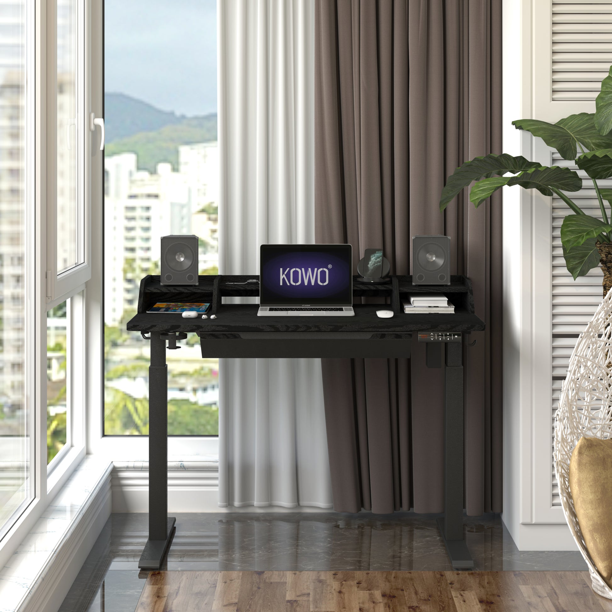 KOWO 55" K304 Electric Height Adjustable Standing Desk with Hutch and Drawer, Black