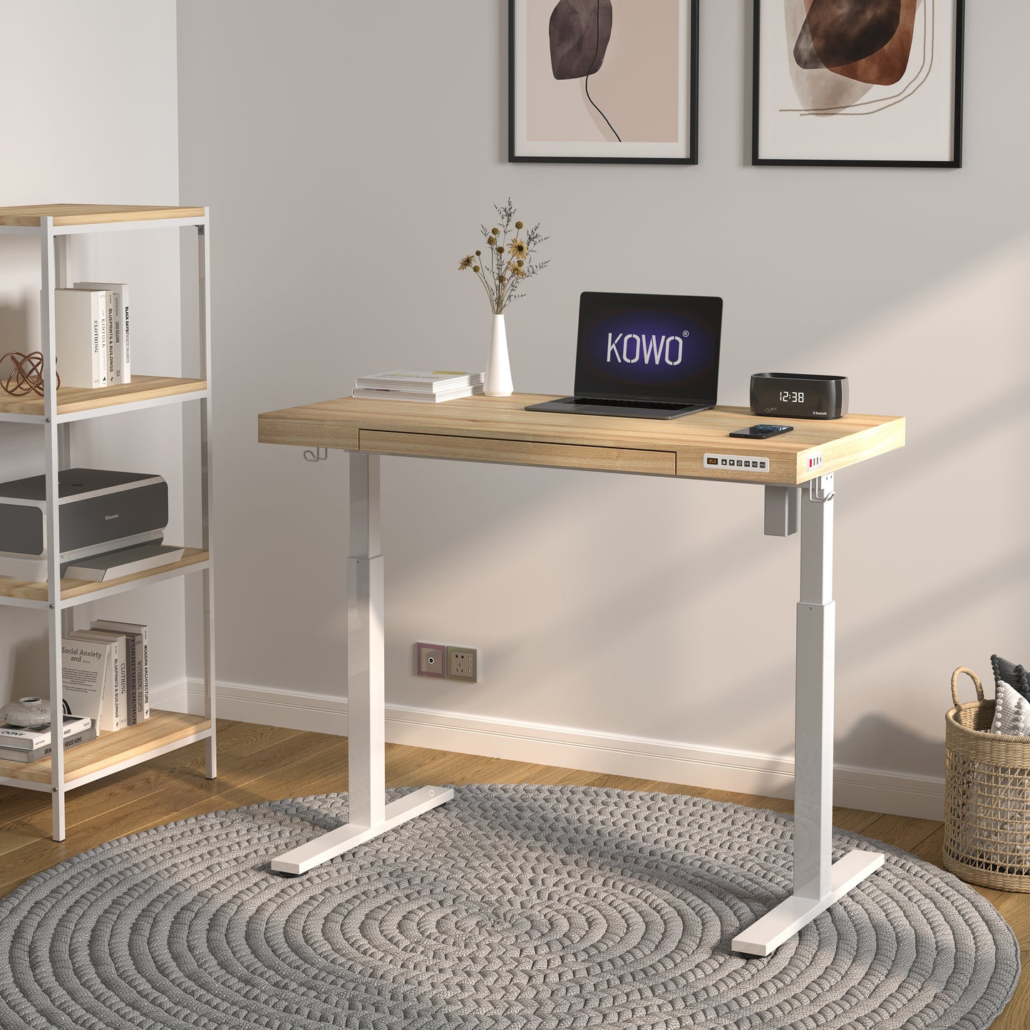 KOWO 55" K305 Electric Height Adjustable Standing Desk, Natural/White
