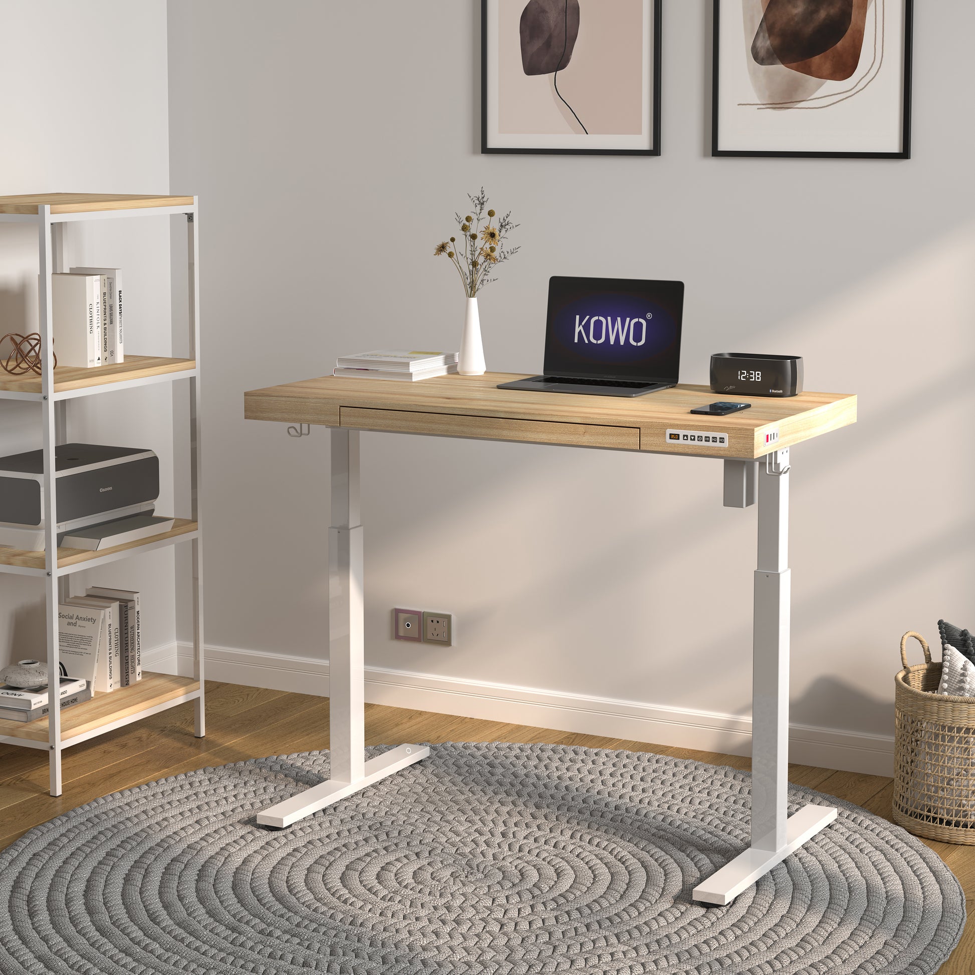 KOWO 55" K305 Electric Height Adjustable Standing Desk, Natural/White