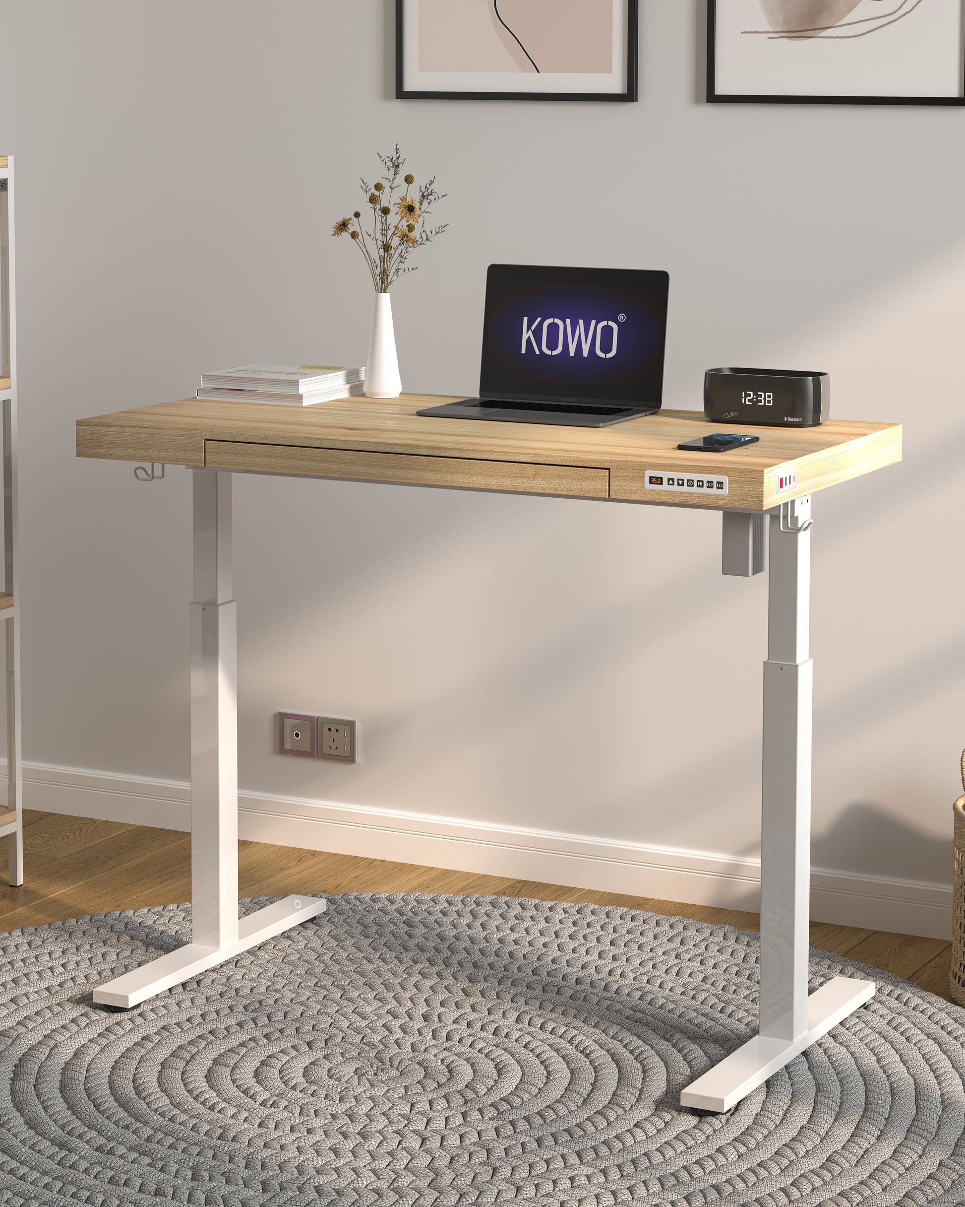 KOWO Electric Height Adjustable Standing Desk with Drawer, 48" Home Office Wooden Computer Desk Ergonomic Memory Control Workstation Sit Stand Desk, Natural/White