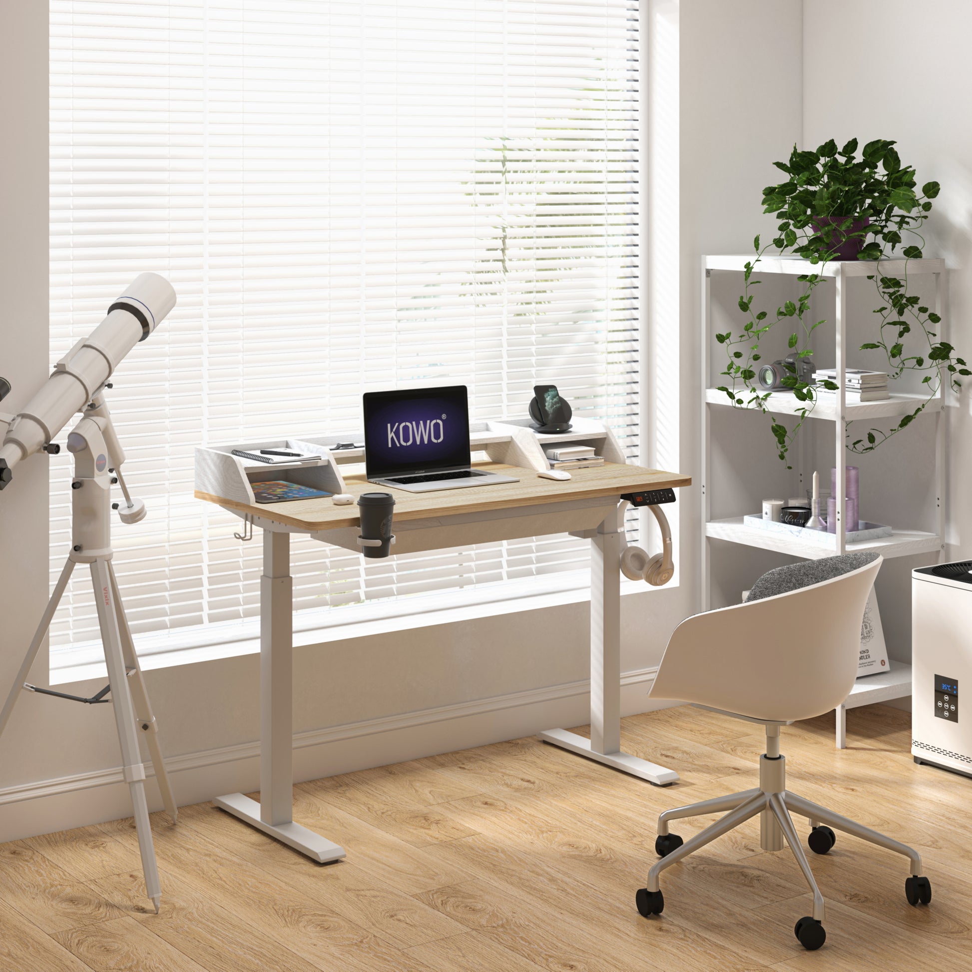 KOWO 55" K304 Electric Height Adjustable Standing Desk with Hutch and Drawer, Natural/White