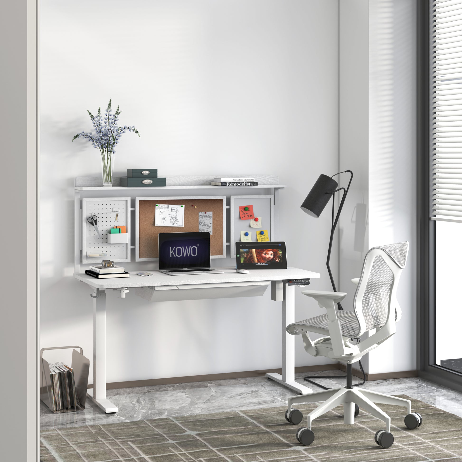 KOWO 48" K3041 Electric Height Adjustable Standing Desk with Back Borad and Drawer White