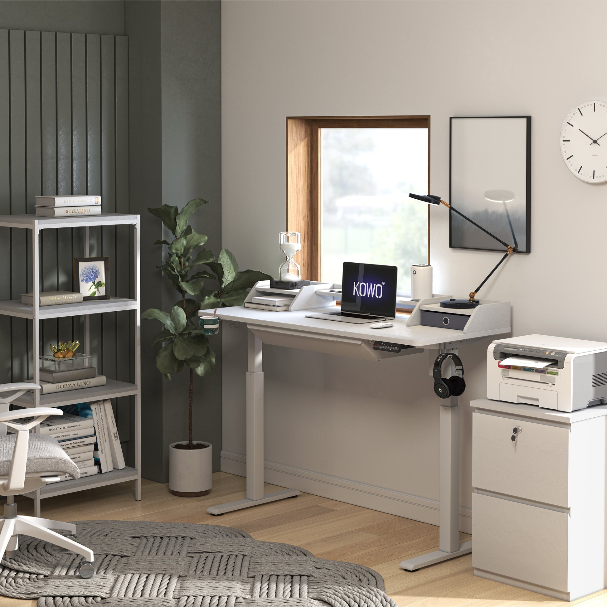 KOWO 48" K304 Electric Height Adjustable Standing Desk with Hutch and Drawer, White