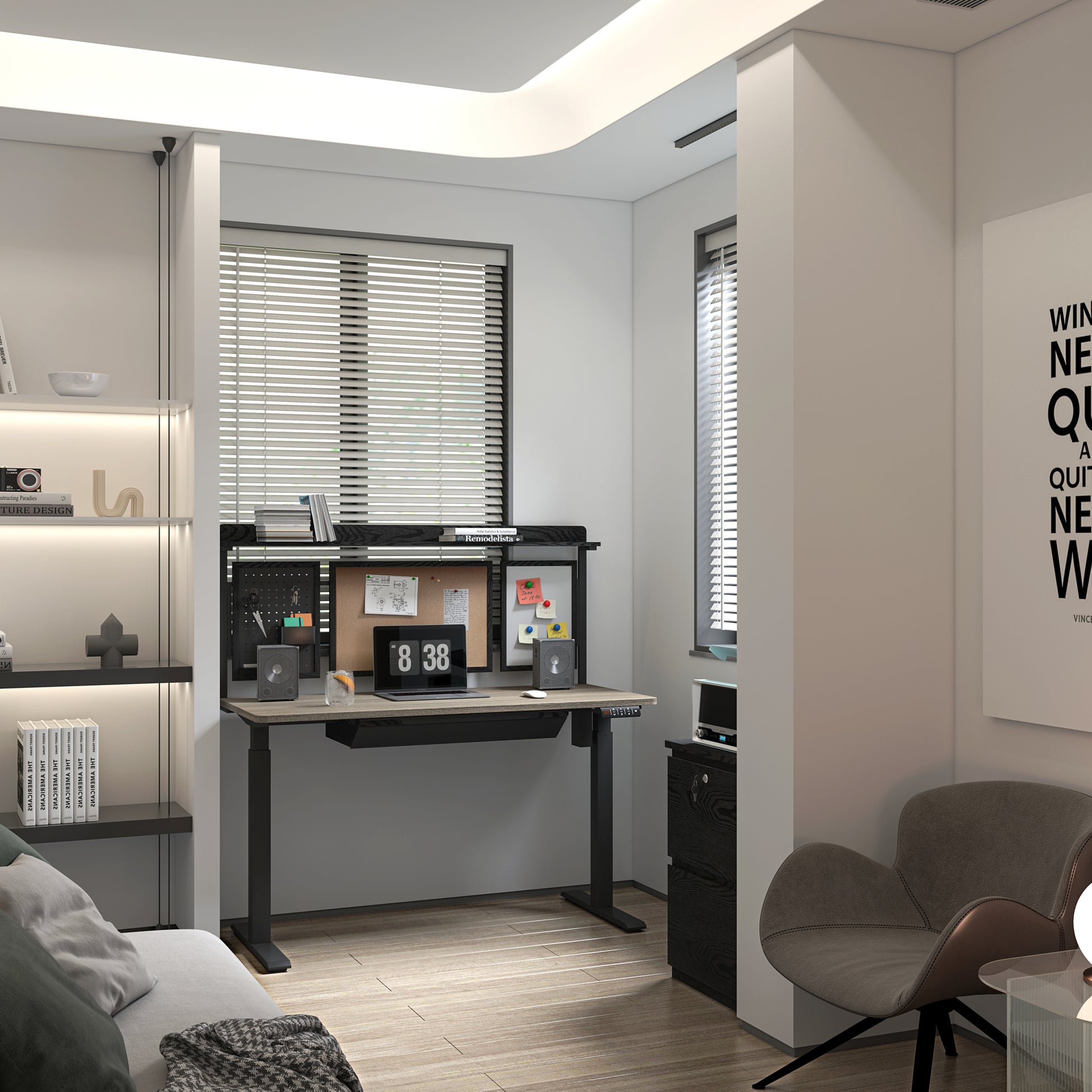 KOWO 55" K304 Electric Height Adjustable Standing Desk with Back Borad and Drawer Grey Oak