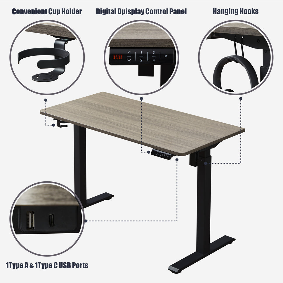 KOWO 48" K304 Electric Height Adjustable Standing Desk with Hutch and Drawer, Grey Oak