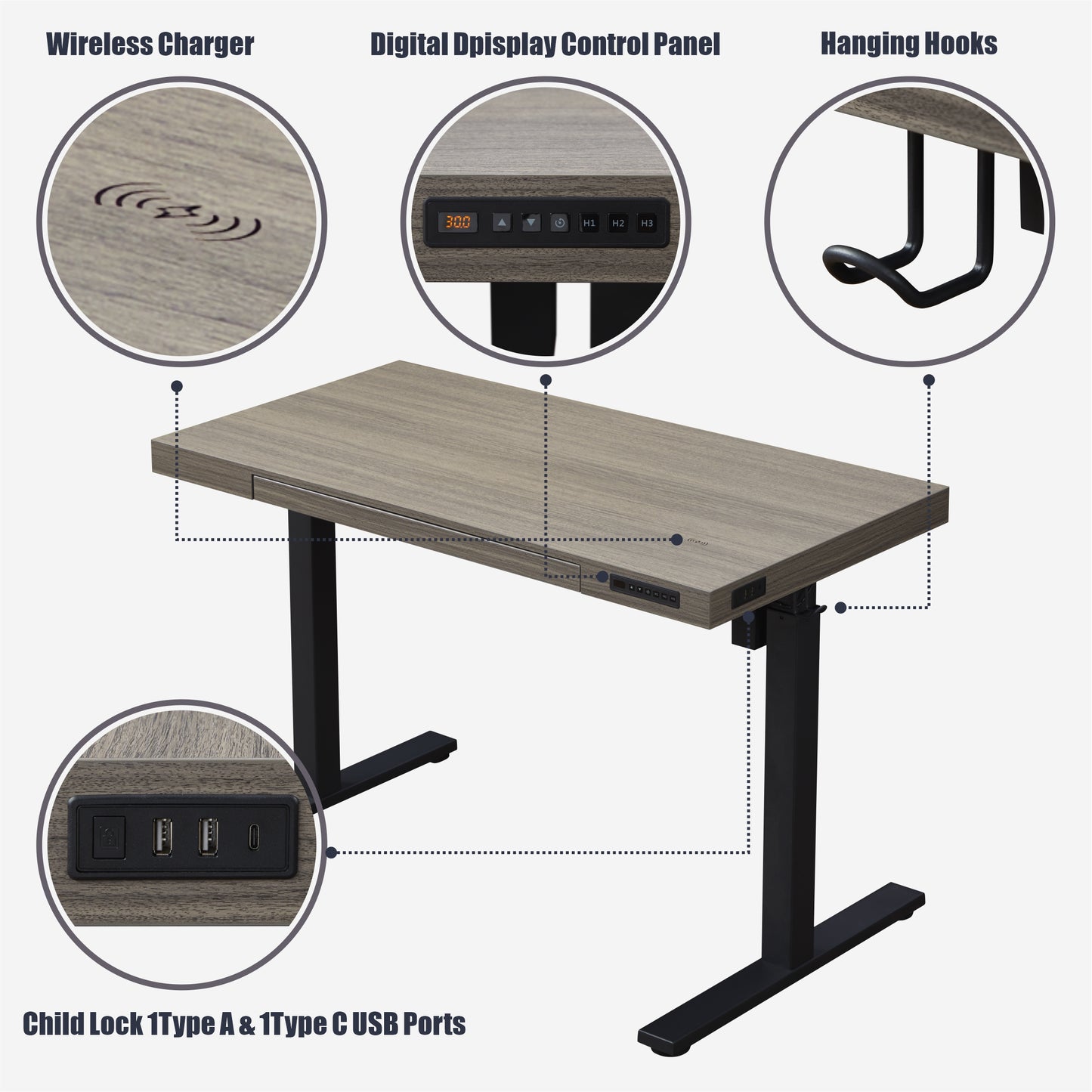KOWO 55" K305 Electric Height Adjustable Standing Desk, Grey Oak