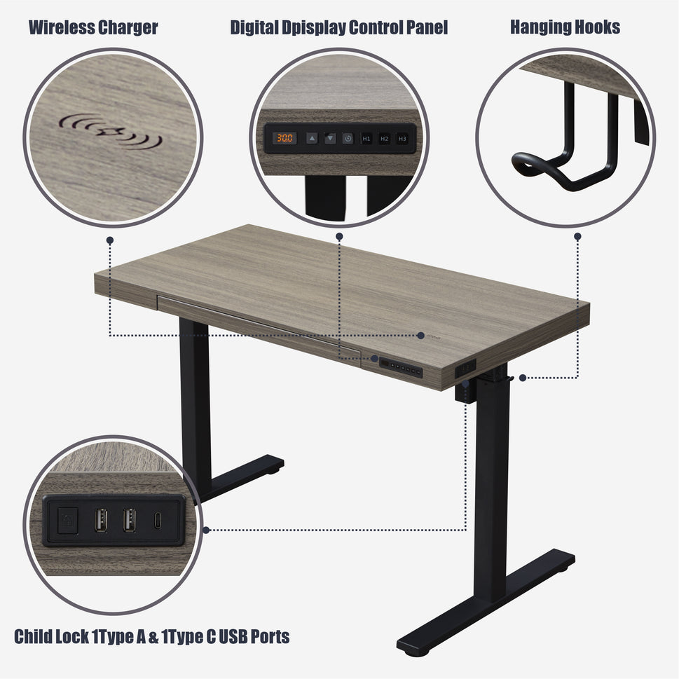 KOWO Electric Height Adjustable Standing Desk with Drawer, 48" Home Office Wooden Computer Desk Ergonomic Memory Control Workstation Sit Stand Desk, Grey Oak/Black