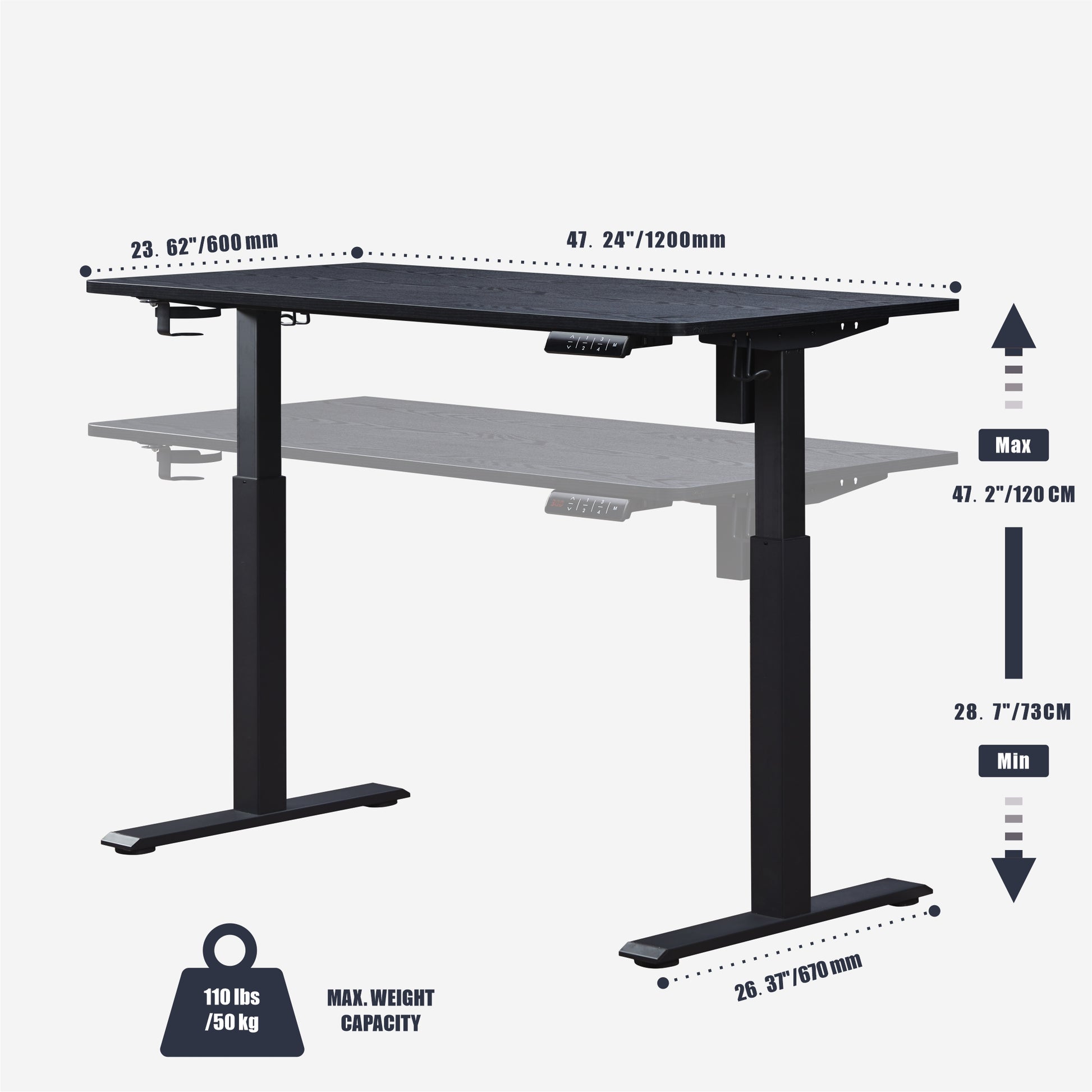 KOWO 48" K304 Electric Height Adjustable Standing Desk with Back Borad and Drawer Black