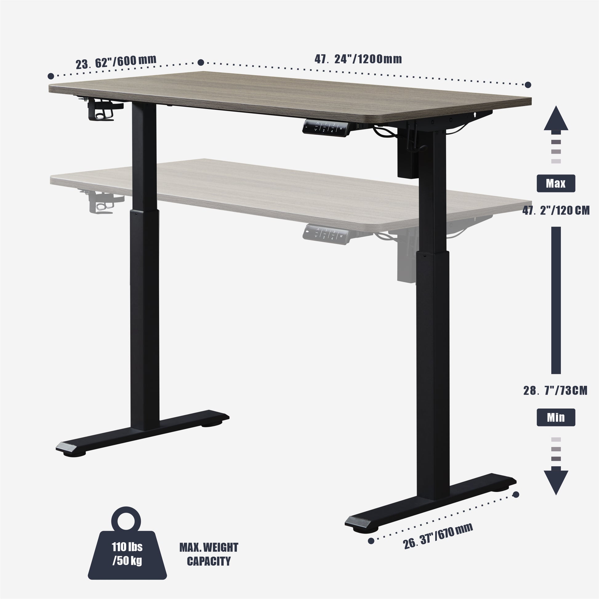 KOWO 48" K304 Electric Height Adjustable Standing Desk, Grey Oak