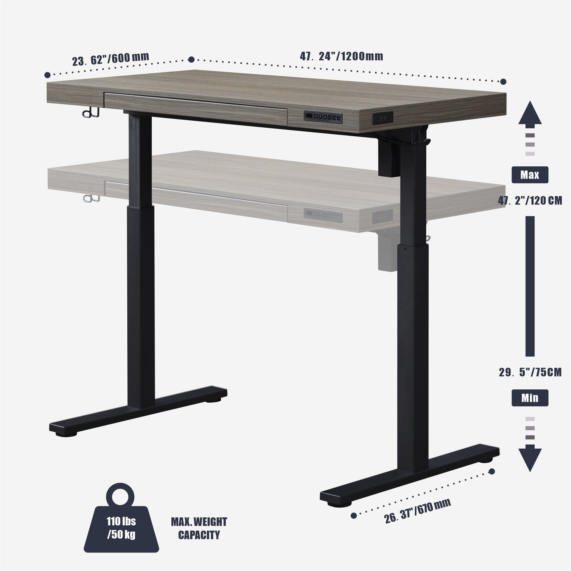 KOWO 55" K305 Electric Height Adjustable Standing Desk, Grey Oak