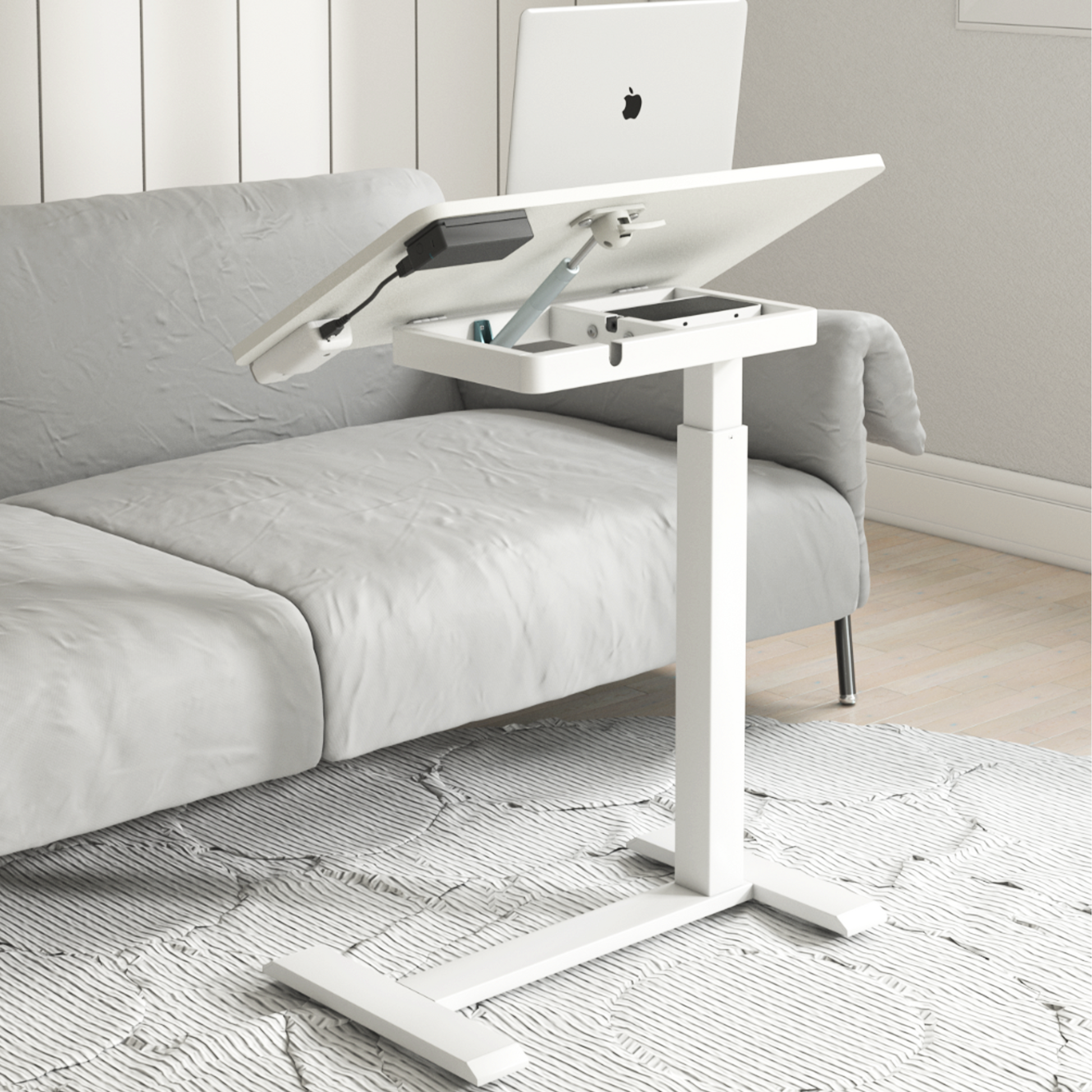 KOWO K30016 Electric Height Adjustable Soft Side End Table,White