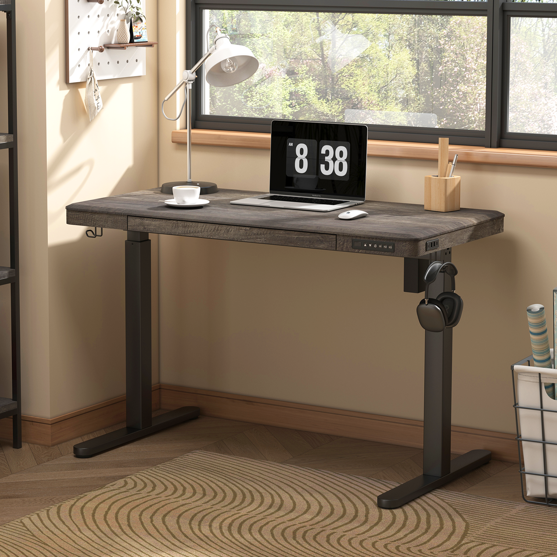 KOWO 48" K3101 Electric Height Adjustable Standing Desk with drawers,Grey Oak/Black