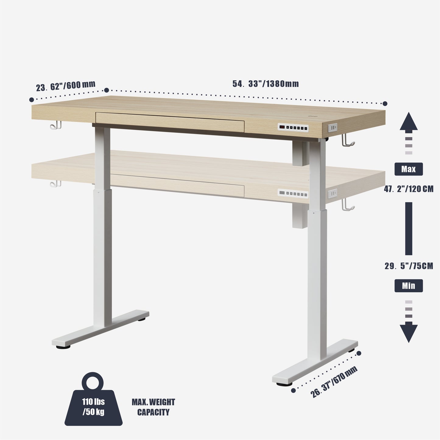 KOWO 55" K305 Electric Height Adjustable Standing Desk, Natural/White