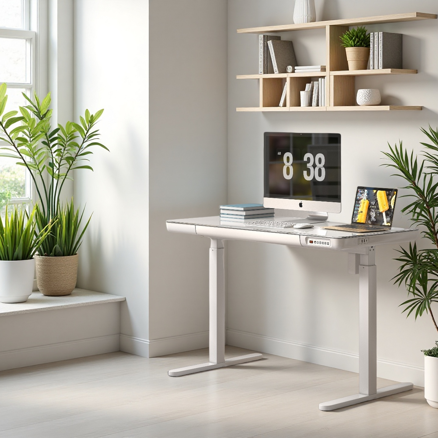 KOWO 48" K3024 Electric Height Adjustable Standing Desk with Tempered Glass Top,White