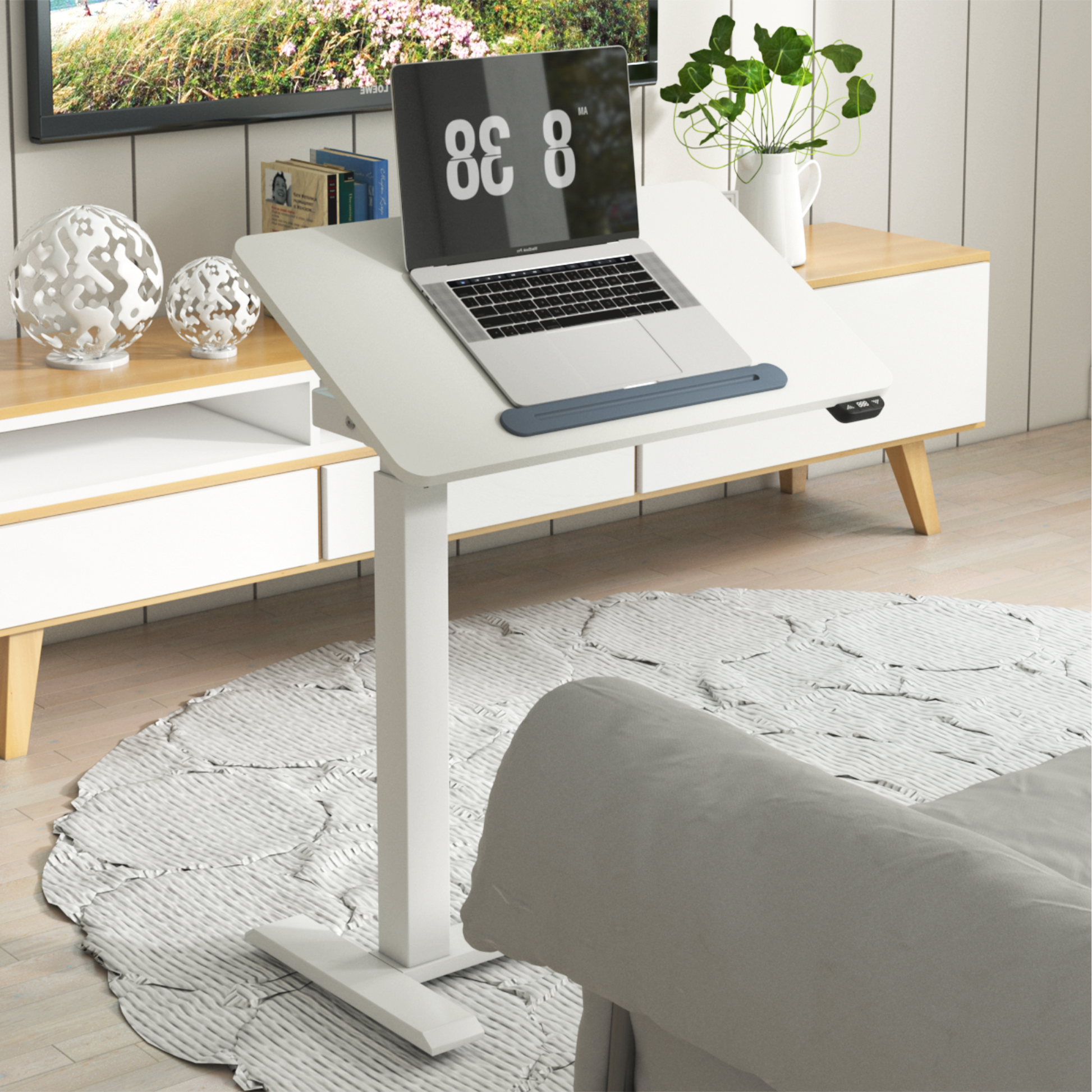 KOWO K30016 Electric Height Adjustable Soft Side End Table,White