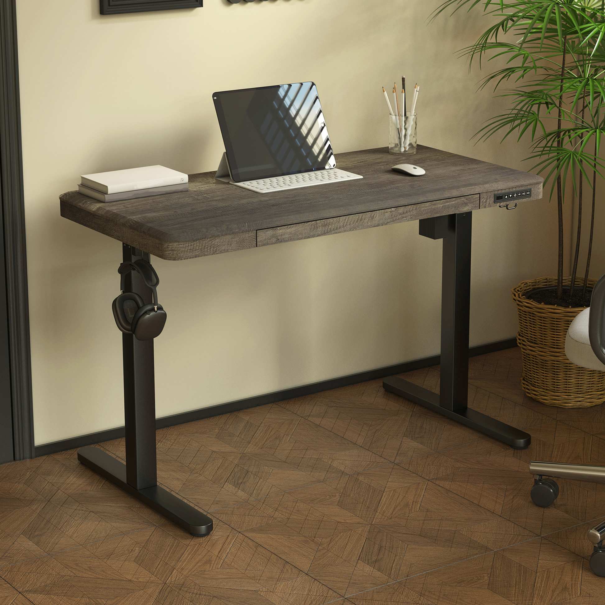 KOWO 48" K3101 Electric Height Adjustable Standing Desk with drawers,Grey Oak/Black