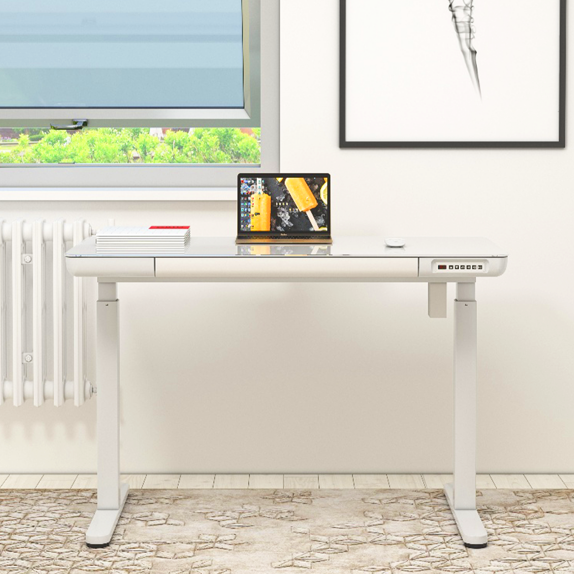 KOWO 48" K3024 Electric Height Adjustable Standing Desk with Tempered Glass Top,White
