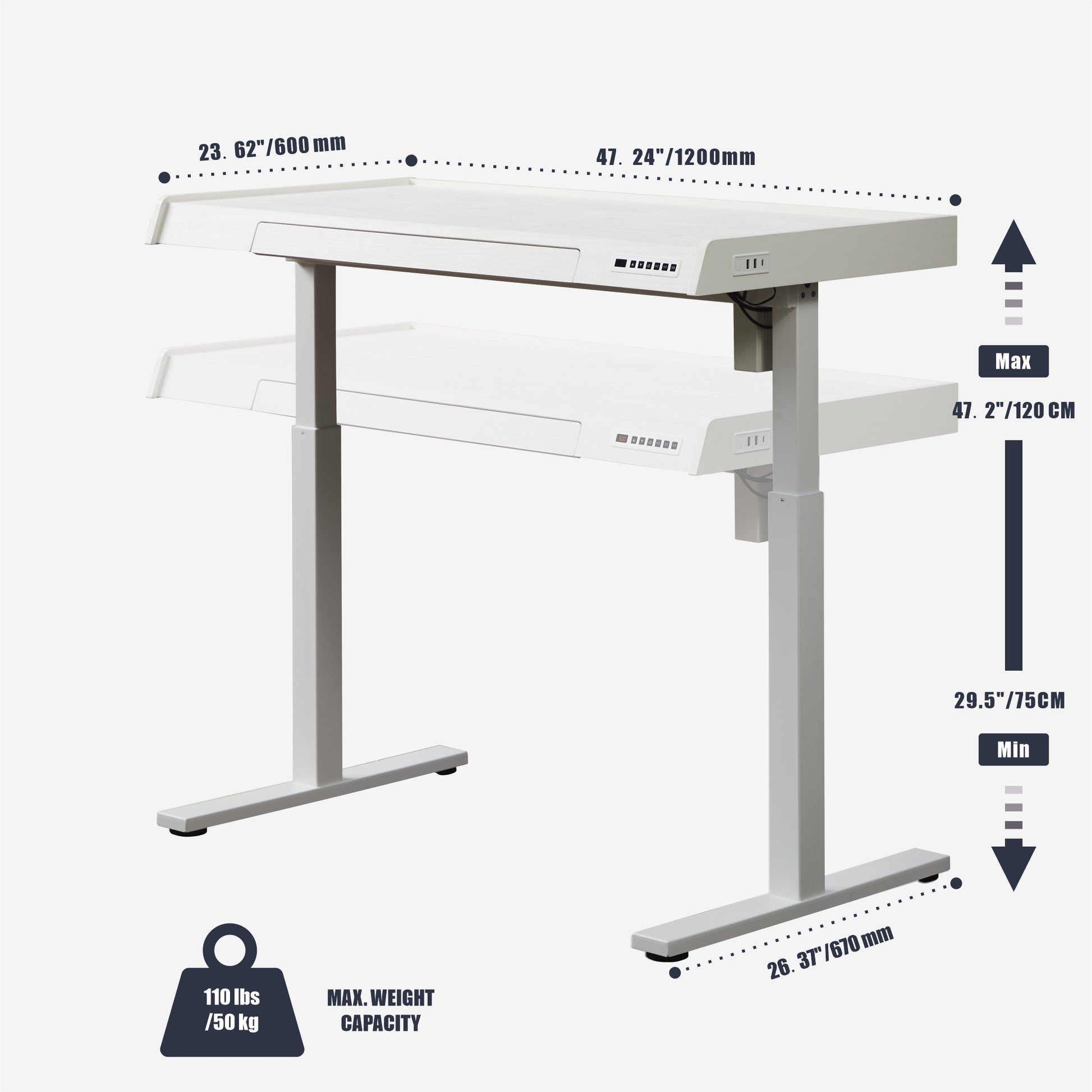 KOWO 48" K309 Electric Height Adjustable Standing Desk with Drawer, White