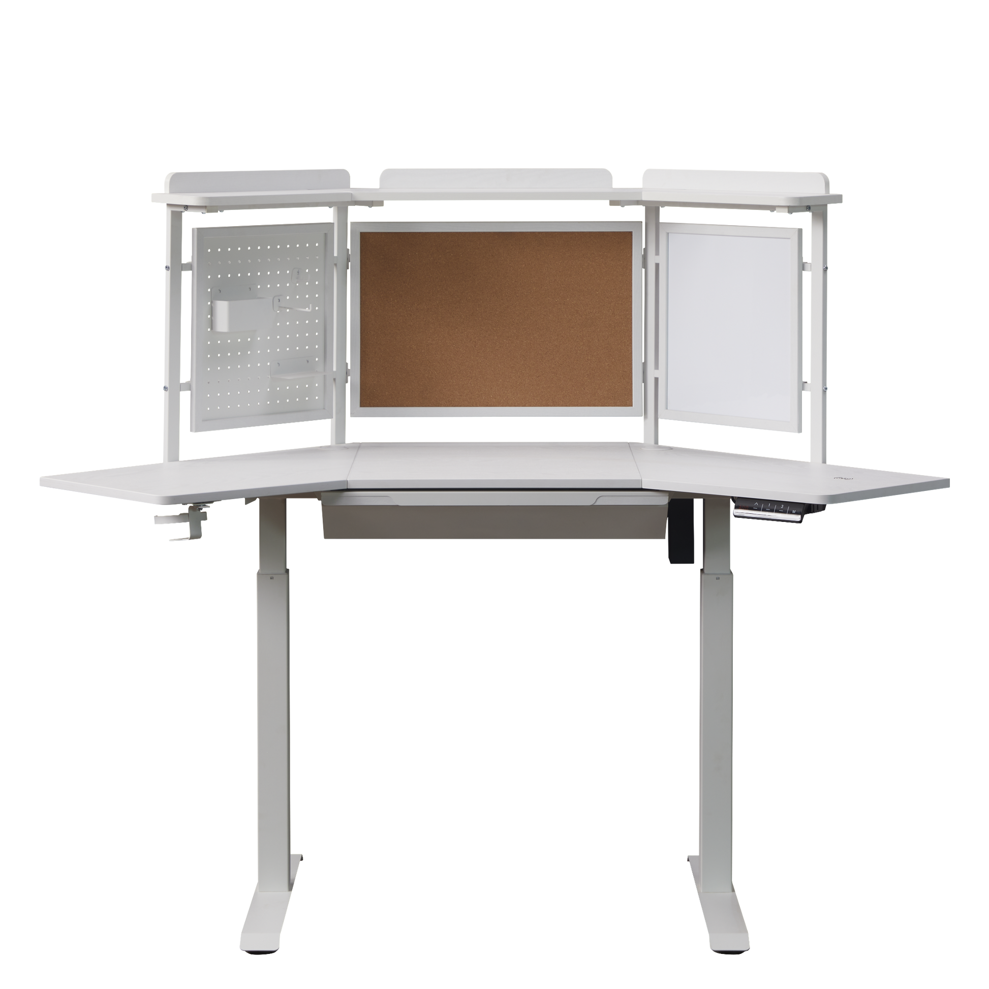 KOWO K314 Corner Electric Height Adjustable Standing Desk with Back Board and Drawer, White