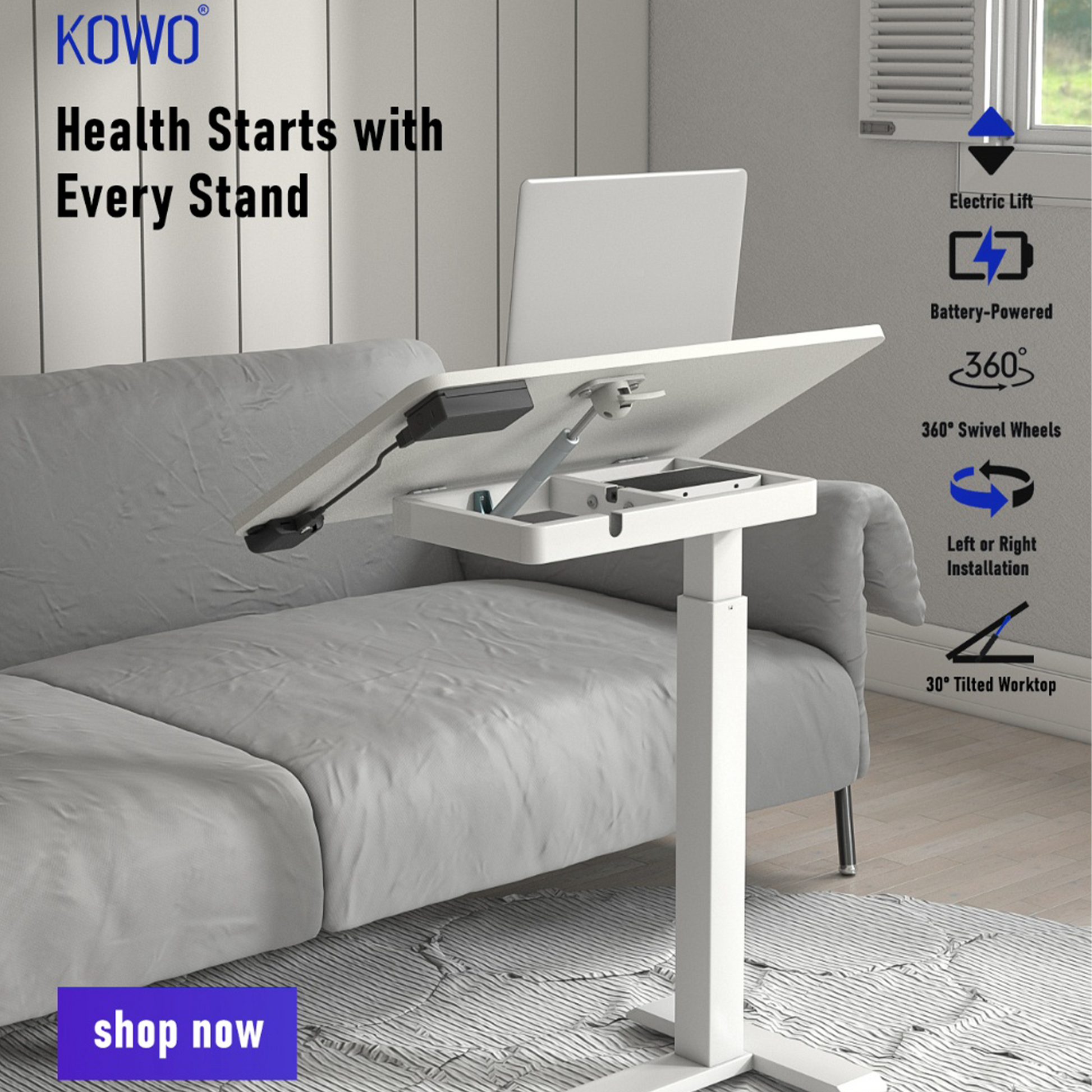 KOWO K30016 Electric Height Adjustable Soft Side End Table,White