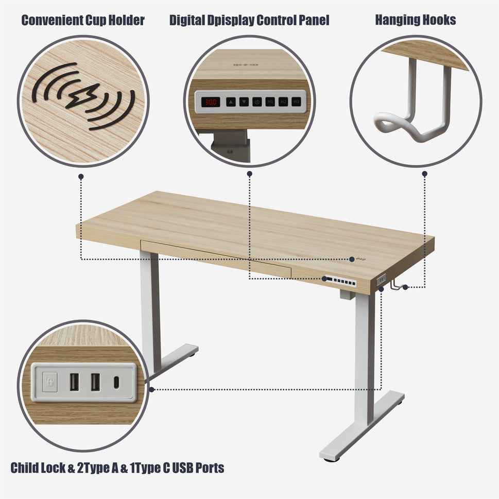 KOWO Electric Height Adjustable Standing Desk with Drawer, 48" Home Office Wooden Computer Desk Ergonomic Memory Control Workstation Sit Stand Desk, Natural/White
