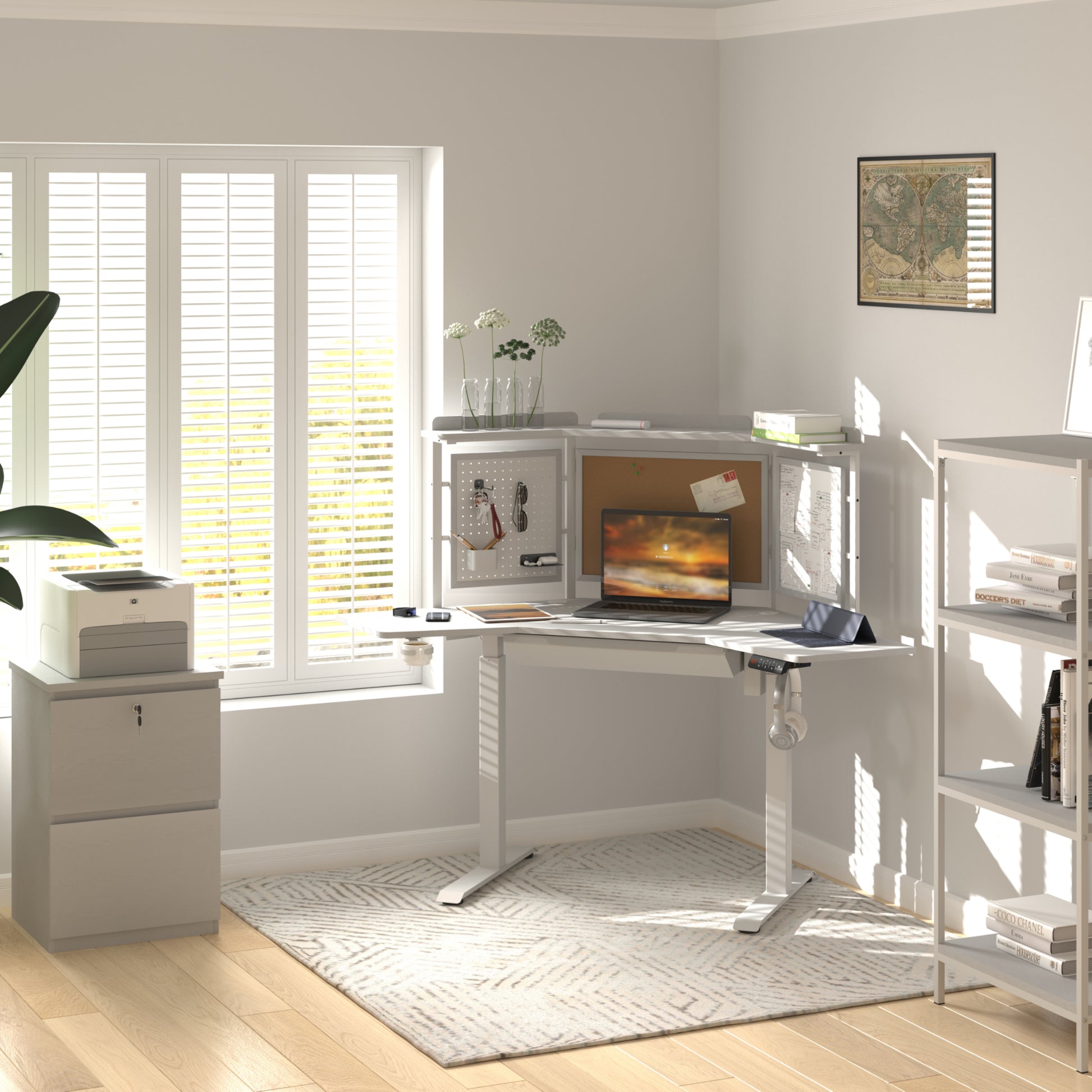 KOWO K314 Corner Electric Height Adjustable Standing Desk with Back Board and Drawer, White