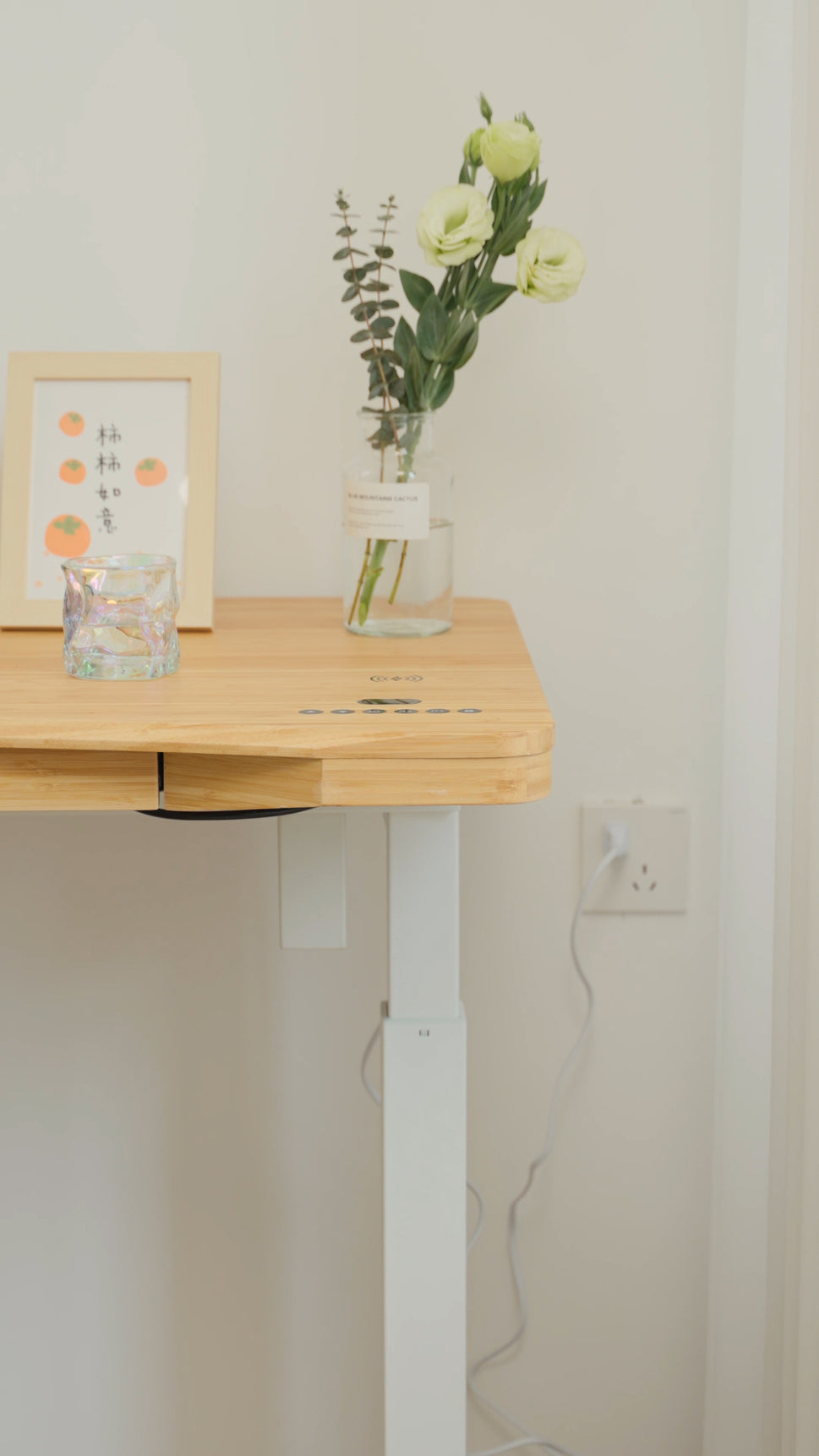 kowo 48" Solid Wood Electric Standing Desk with Drawers Integrated Wireless Charger, Bamboo Adjustable Height Home Office Computer Desk, Oak/White