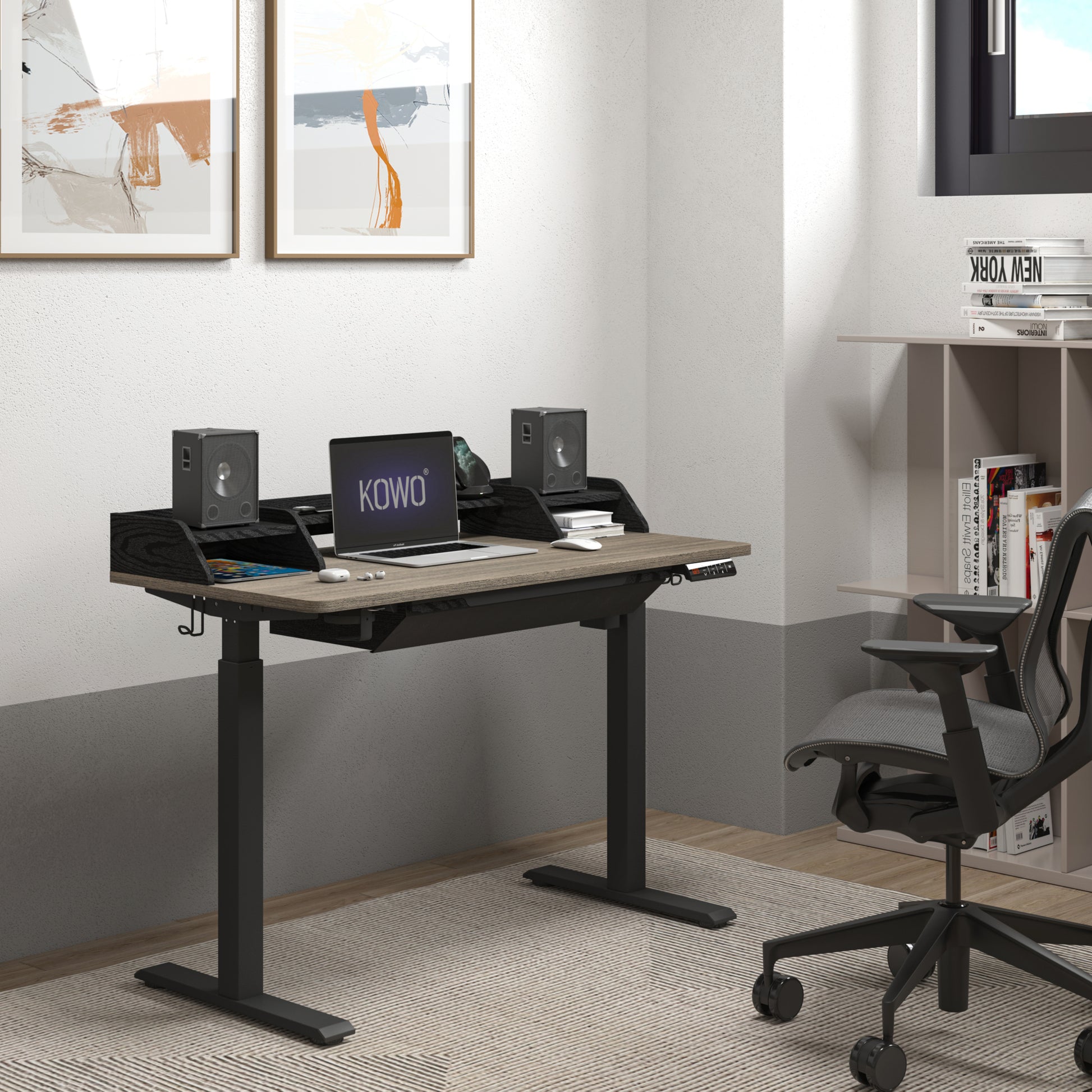 KOWO 55" K304 Electric Height Adjustable Standing Desk with Hutch and Drawer, Grey Oak