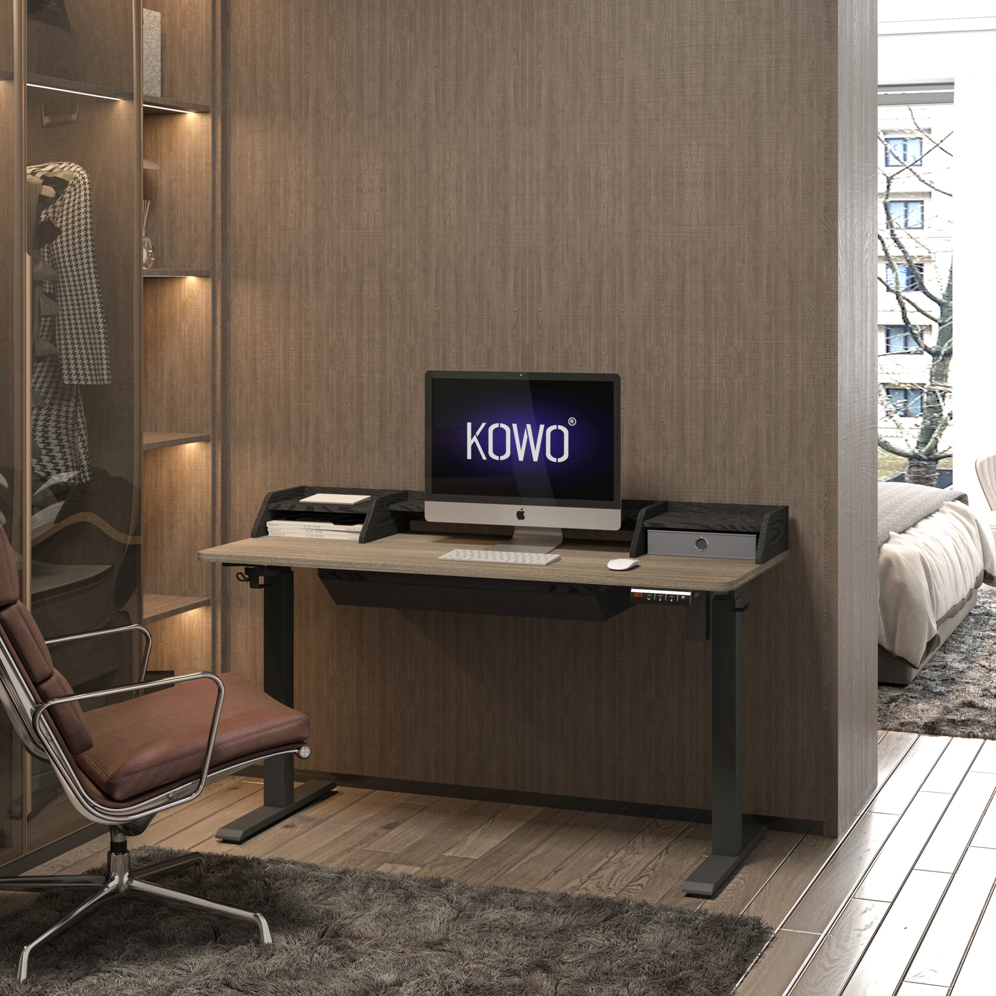 KOWO 48" K304 Electric Height Adjustable Standing Desk with Hutch and Drawer, Grey Oak