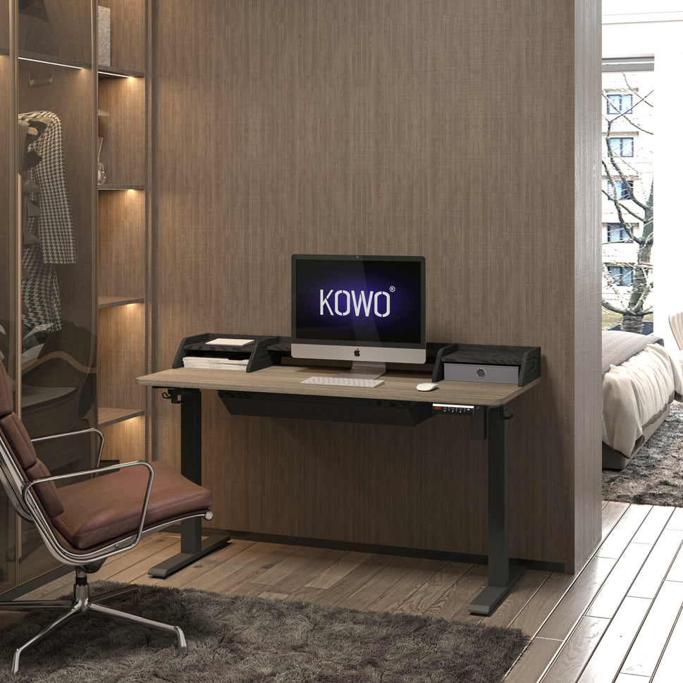 KOWO 48" K304 Electric Height Adjustable Standing Desk with Hutch and Drawer, Grey Oak