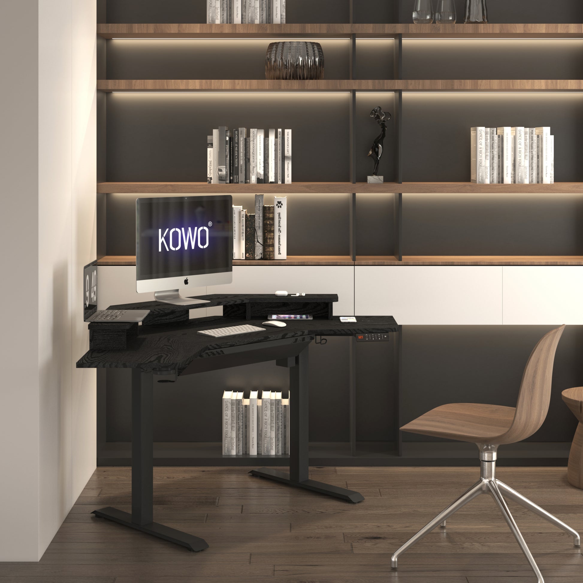 KOWO K314 Corner Electric Height Adjustable Standing Desk with Hutch and Drawer, Black