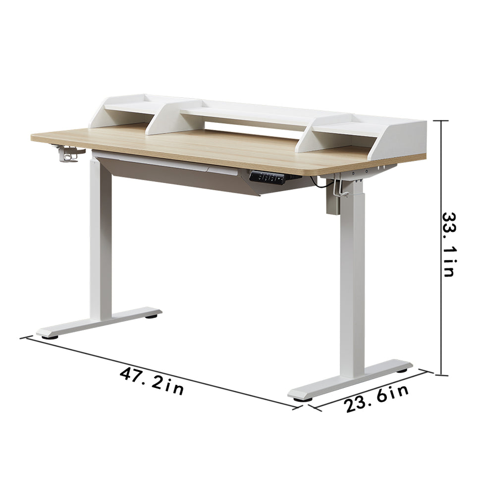KOWO 55" K304 Electric Height Adjustable Standing Desk with Hutch and Drawer, Natural/White