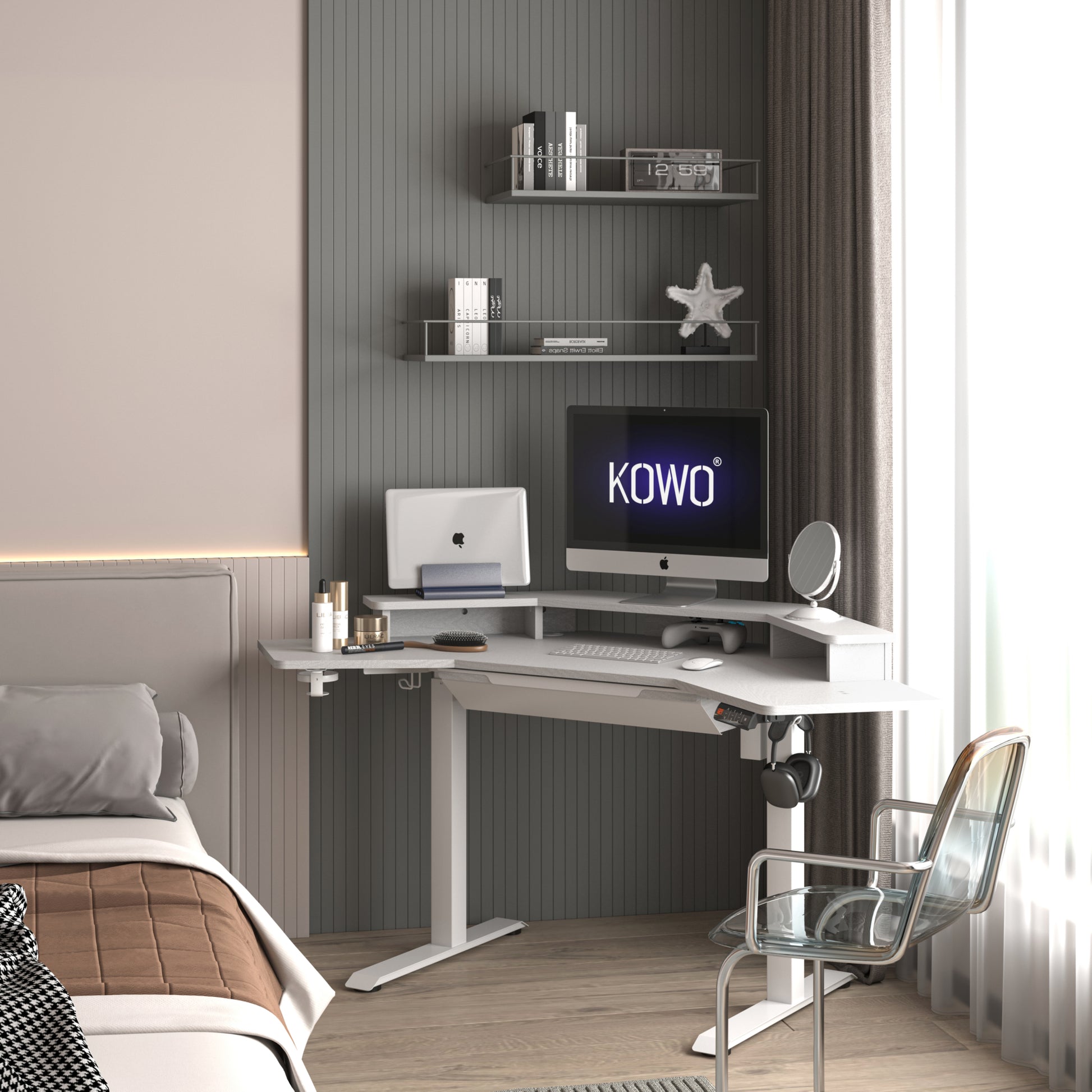 KOWO K314 Corner Electric Height Adjustable Standing Desk with Hutch and Drawer, White