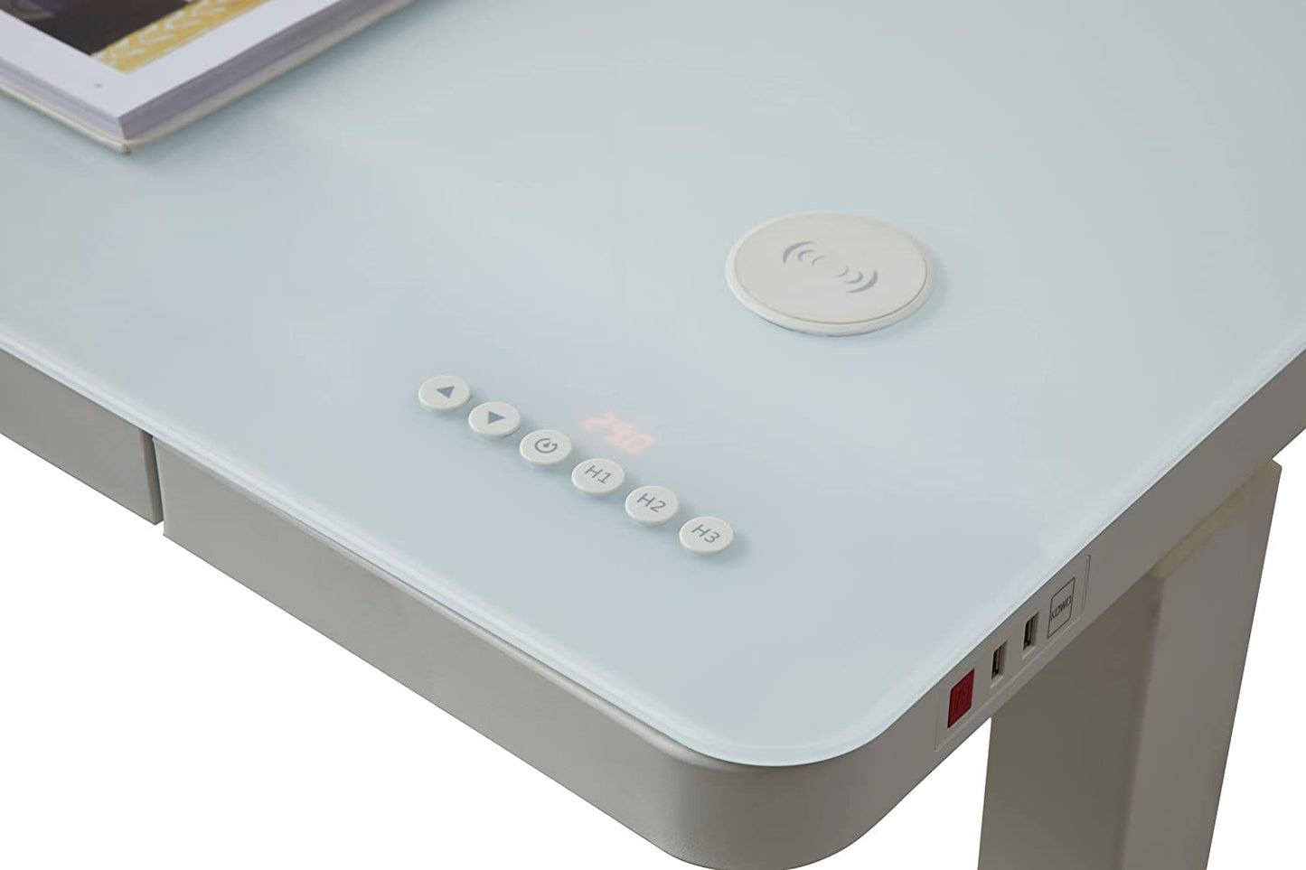 KOWO Glass Electric Standing Desk with Drawer Integrated Wireless Charging, 48 inch Modern Home Office Height Adjustable Desk Sit Stand Desk USB Port, Tempered Glass White