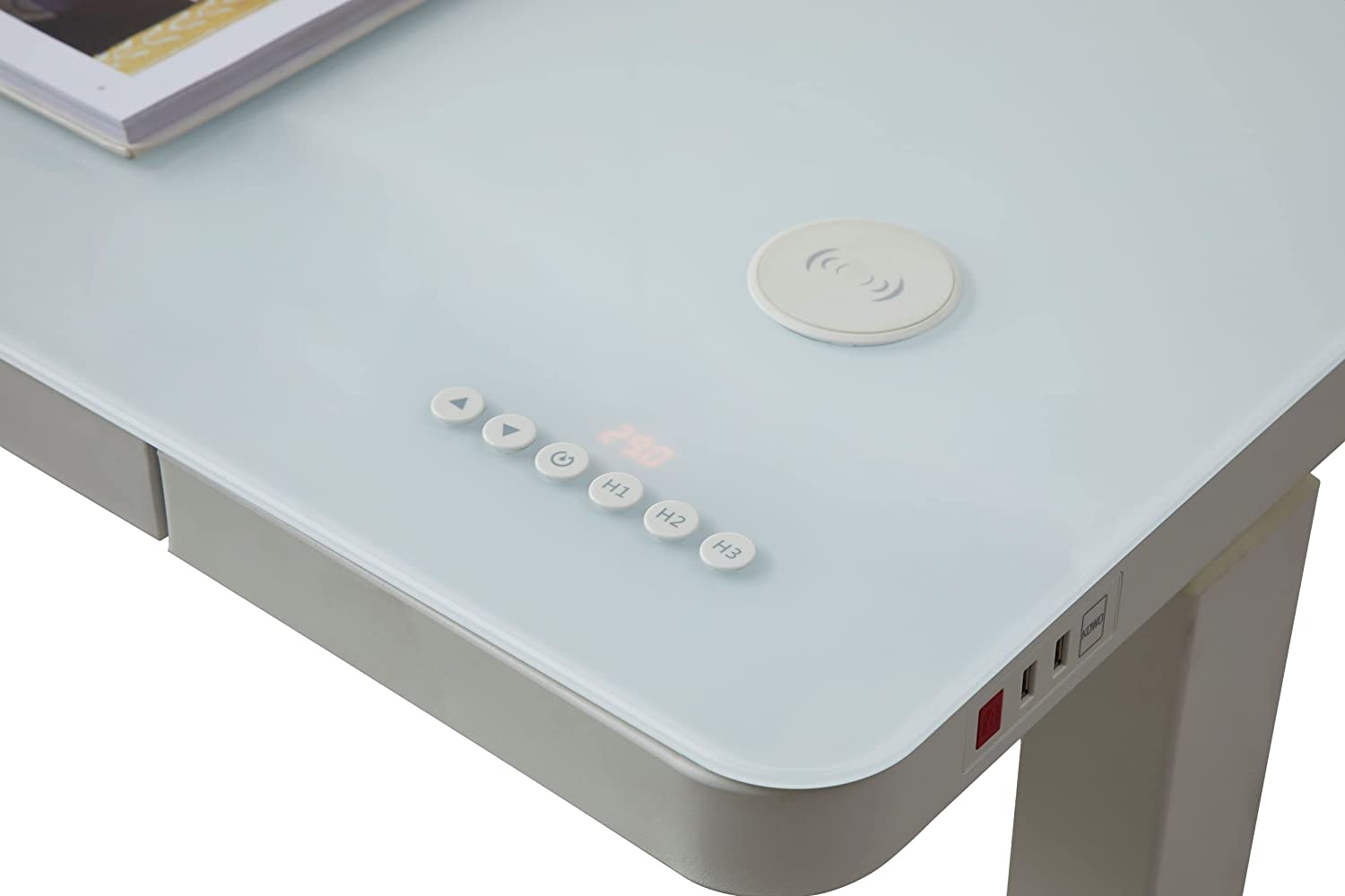 KOWO Glass Electric Standing Desk with Drawer Integrated Wireless Charging, 48 inch Modern Home Office Height Adjustable Desk Sit Stand Desk USB Port, Tempered Glass White