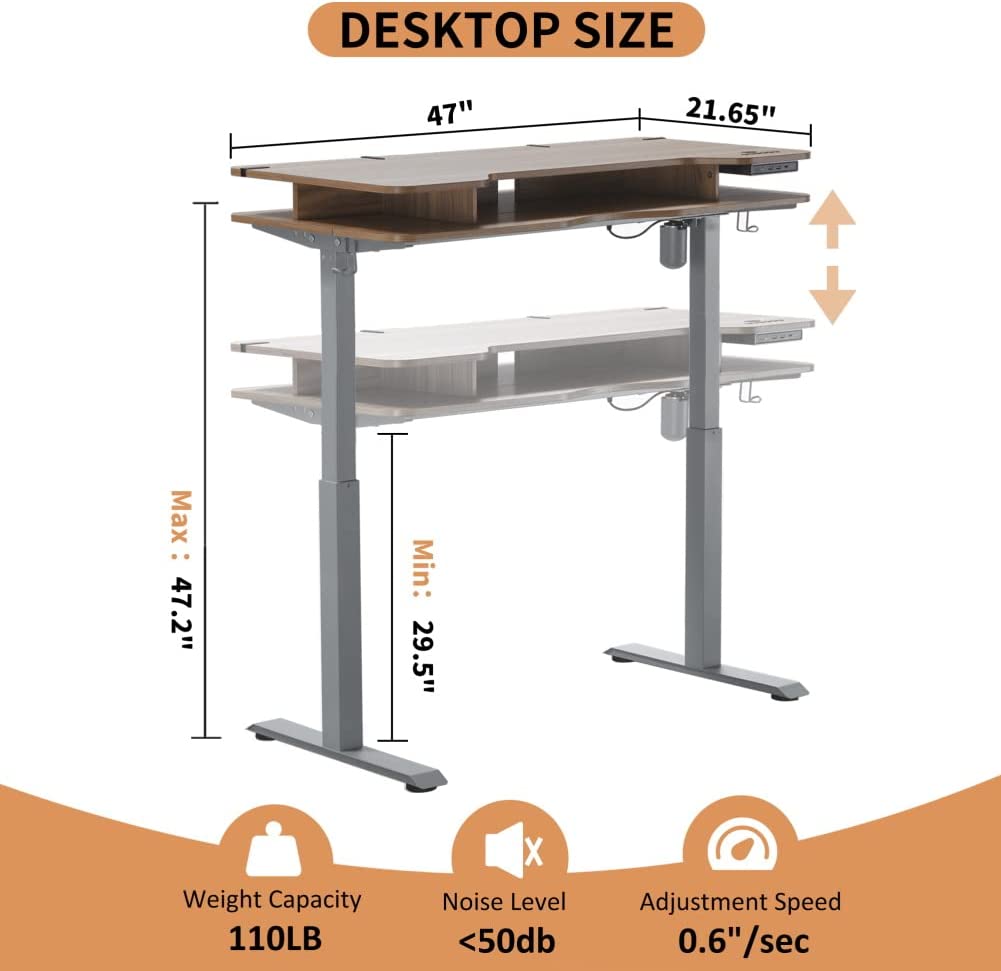 Height Adjustable Electric Standing Desk with Storage Shelves, KOWO 47" Stand Up Home Office Desk with Keyboard Shelf (Grey