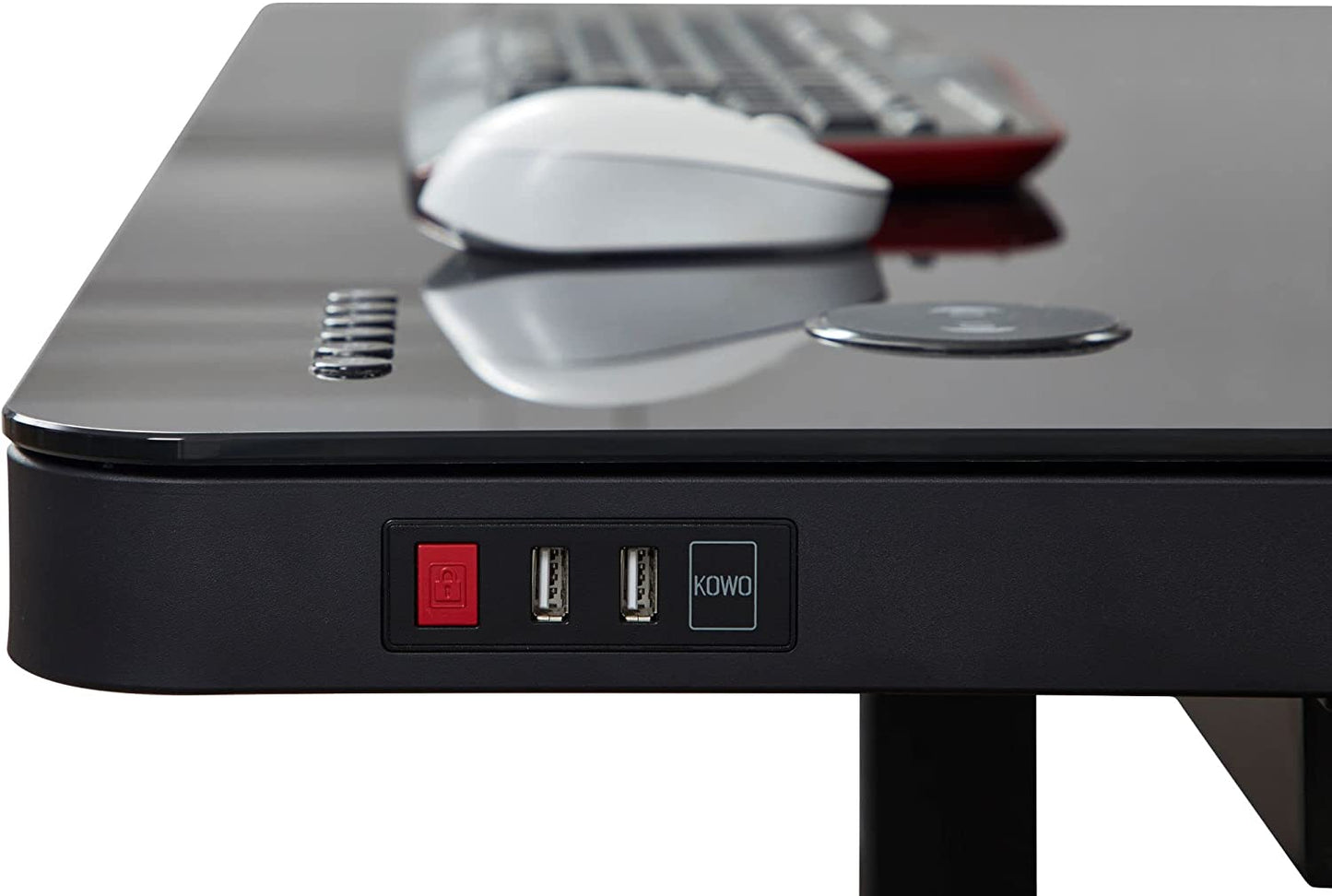 KOWO Glass Electric Standing Desk with Drawer Integrated Wireless Charging, 48 inch Modern Home Office Height Adjustable Desk Sit Stand Desk USB Port, Tempered Glass Black