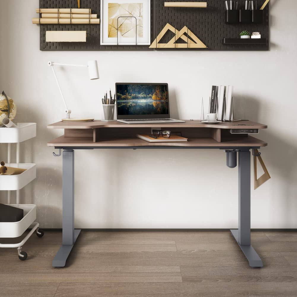 Height Adjustable Electric Standing Desk with Storage Shelves, KOWO 47" Stand Up Home Office Desk with Keyboard Shelf (Grey