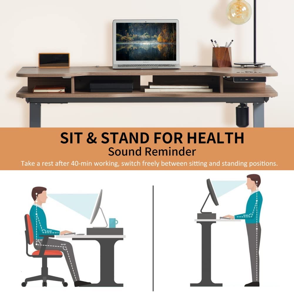 Height Adjustable Electric Standing Desk with Storage Shelves, KOWO 47" Stand Up Home Office Desk with Keyboard Shelf (Grey