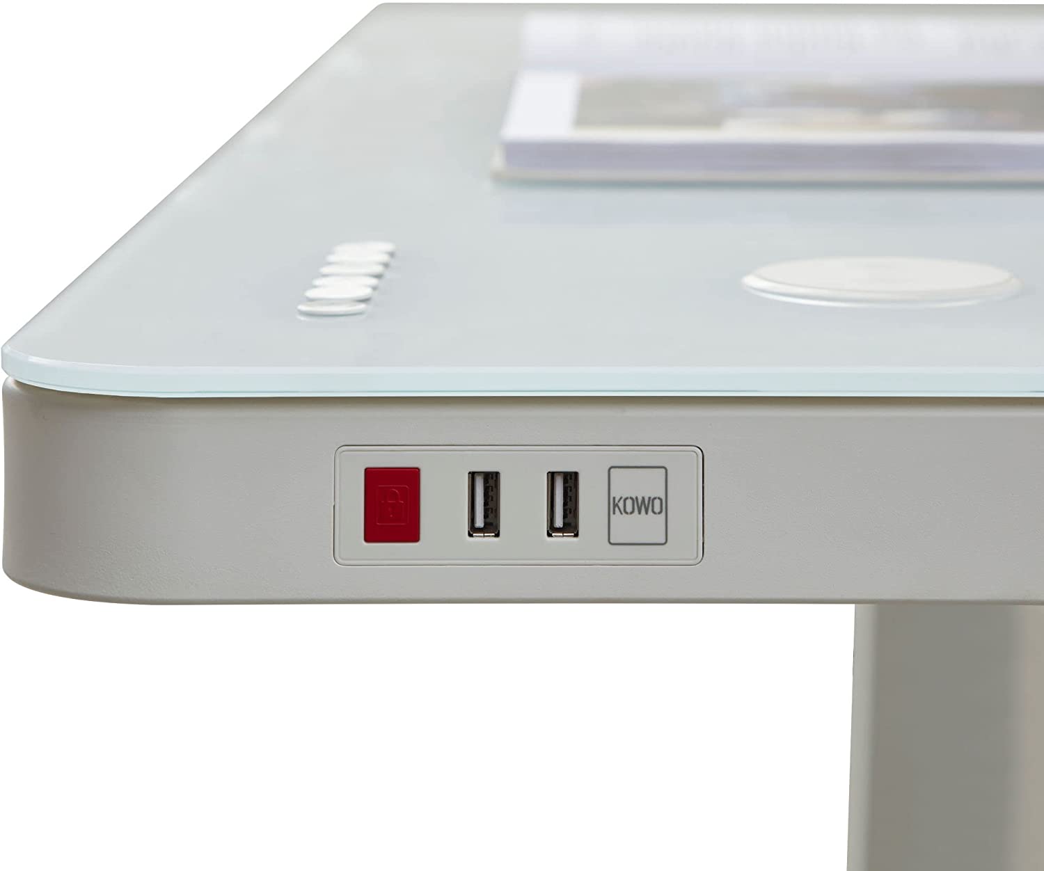 KOWO Glass Electric Standing Desk with Drawer Integrated Wireless Charging, 48 inch Modern Home Office Height Adjustable Desk Sit Stand Desk USB Port, Tempered Glass White