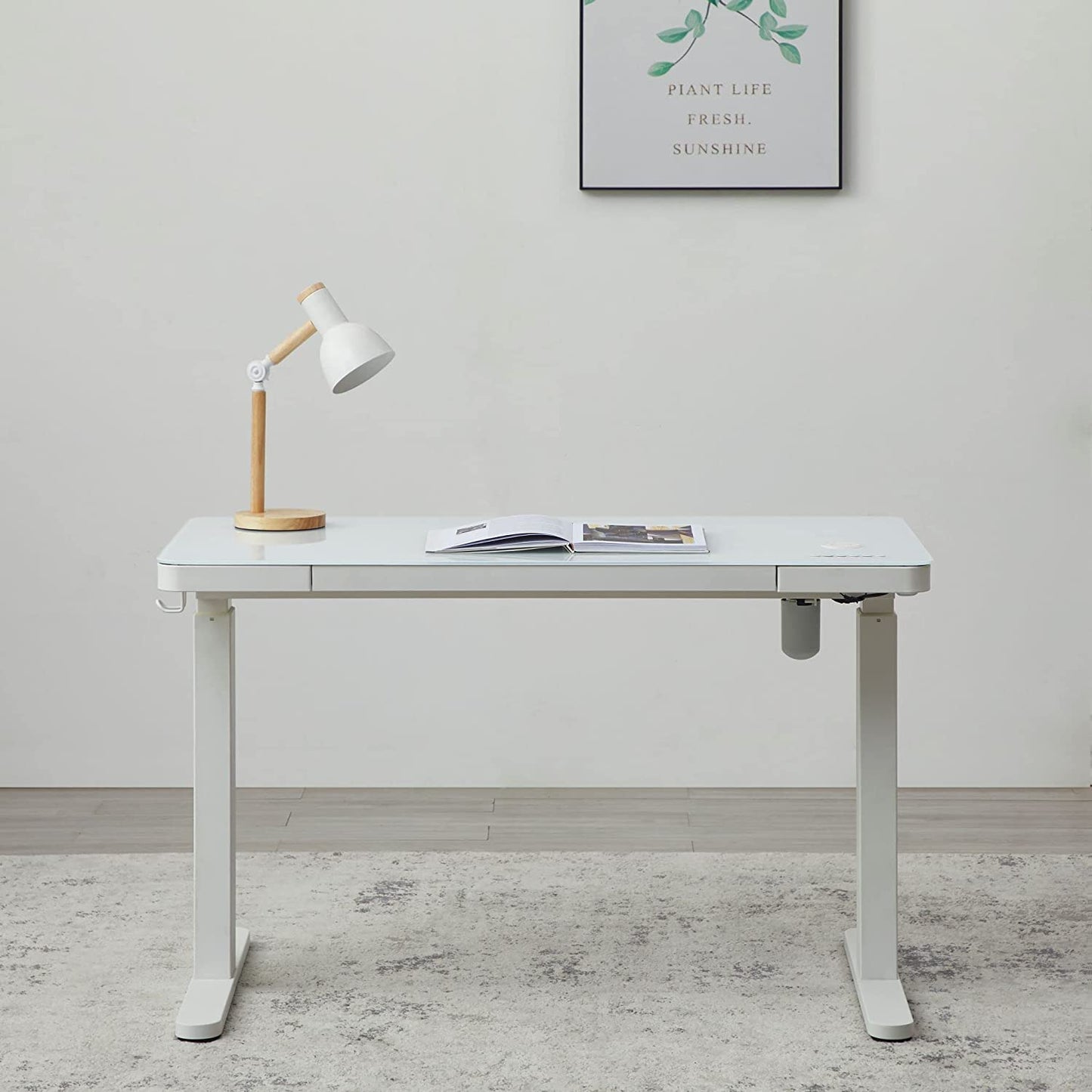 KOWO Glass Electric Standing Desk with Drawer Integrated Wireless Charging, 48 inch Modern Home Office Height Adjustable Desk Sit Stand Desk USB Port, Tempered Glass White