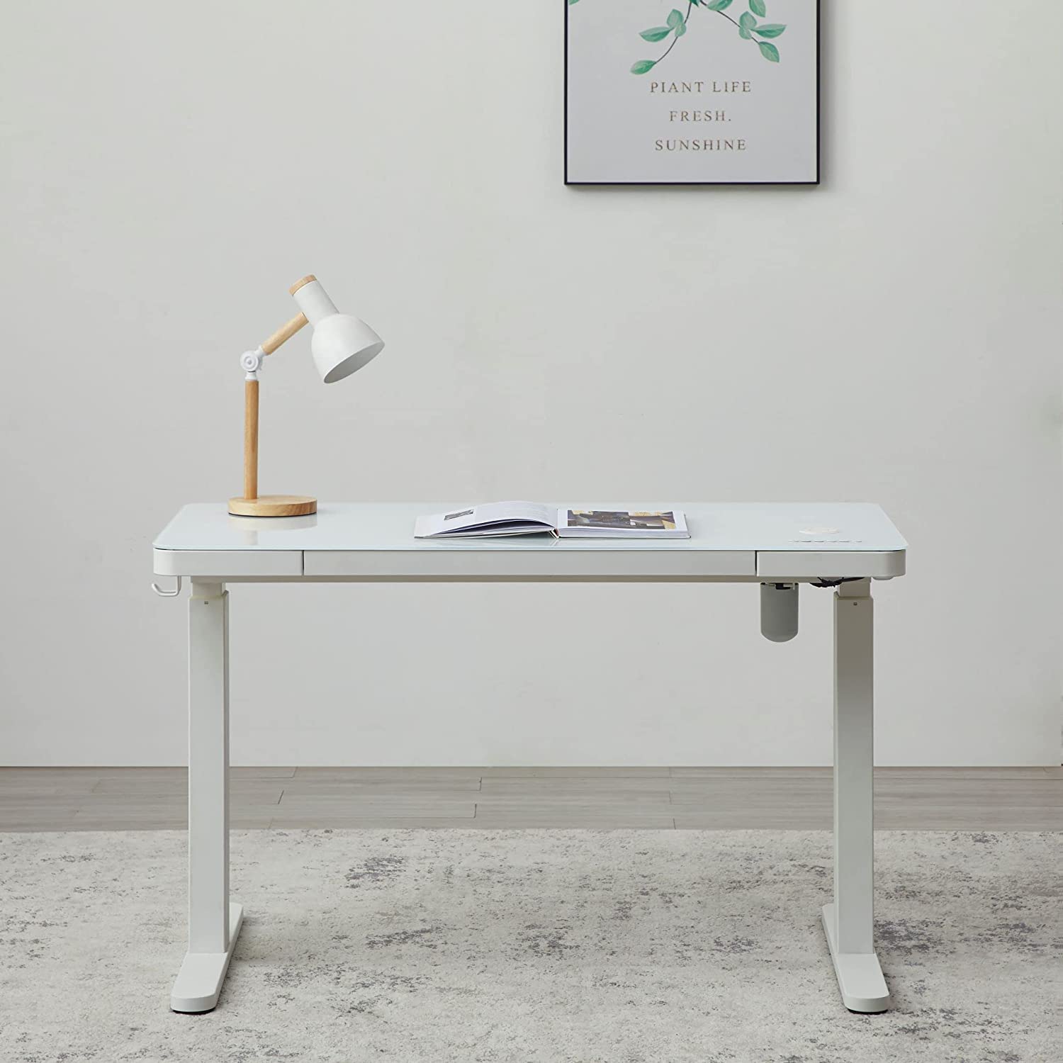 KOWO Glass Electric Standing Desk with Drawer Integrated Wireless Charging, 48 inch Modern Home Office Height Adjustable Desk Sit Stand Desk USB Port, Tempered Glass White