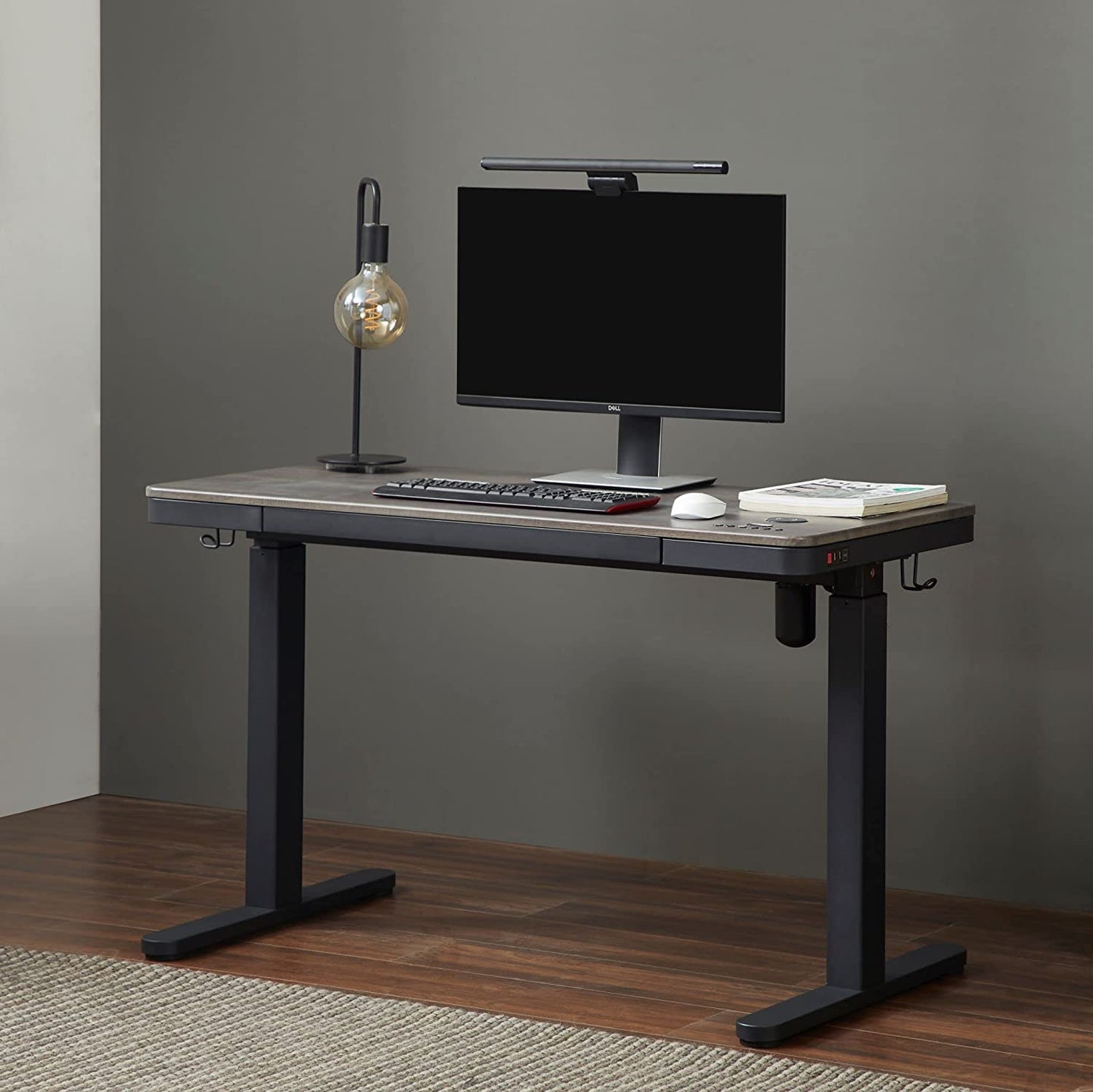 KOWO Electric Standing Desk with Drawers Integrated Wireless Charger, 48" Adjustable Height Whole Piece Desktop Home Office Computer Desk, Grey Oak/Black