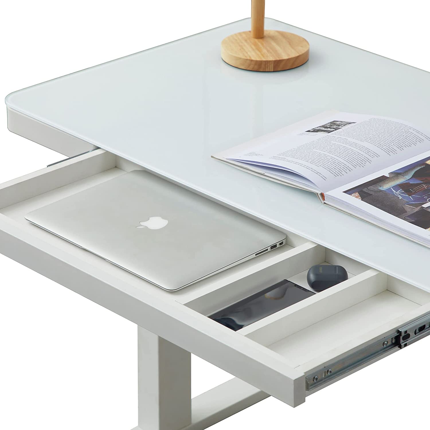 KOWO Glass Electric Standing Desk with Drawer Integrated Wireless Charging, 48 inch Modern Home Office Height Adjustable Desk Sit Stand Desk USB Port, Tempered Glass White