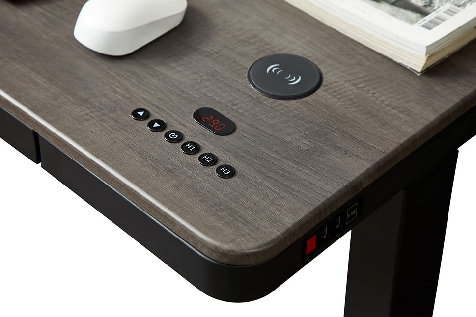 KOWO Electric Standing Desk with Drawers Integrated Wireless Charger, 48" Adjustable Height Whole Piece Desktop Home Office Computer Desk, Grey Oak/Black