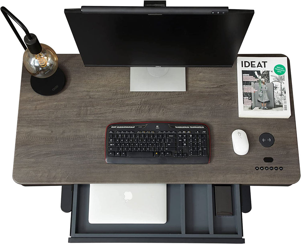 KOWO Electric Standing Desk with Drawers Integrated Wireless Charger, 48" Adjustable Height Whole Piece Desktop Home Office Computer Desk, Grey Oak/Black