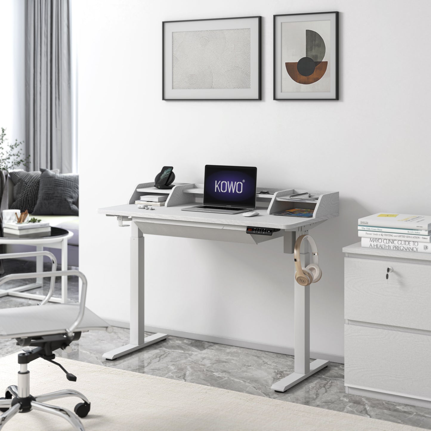 KOWO 48" K304 Electric Height Adjustable Standing Desk with Hutch and Drawer, White