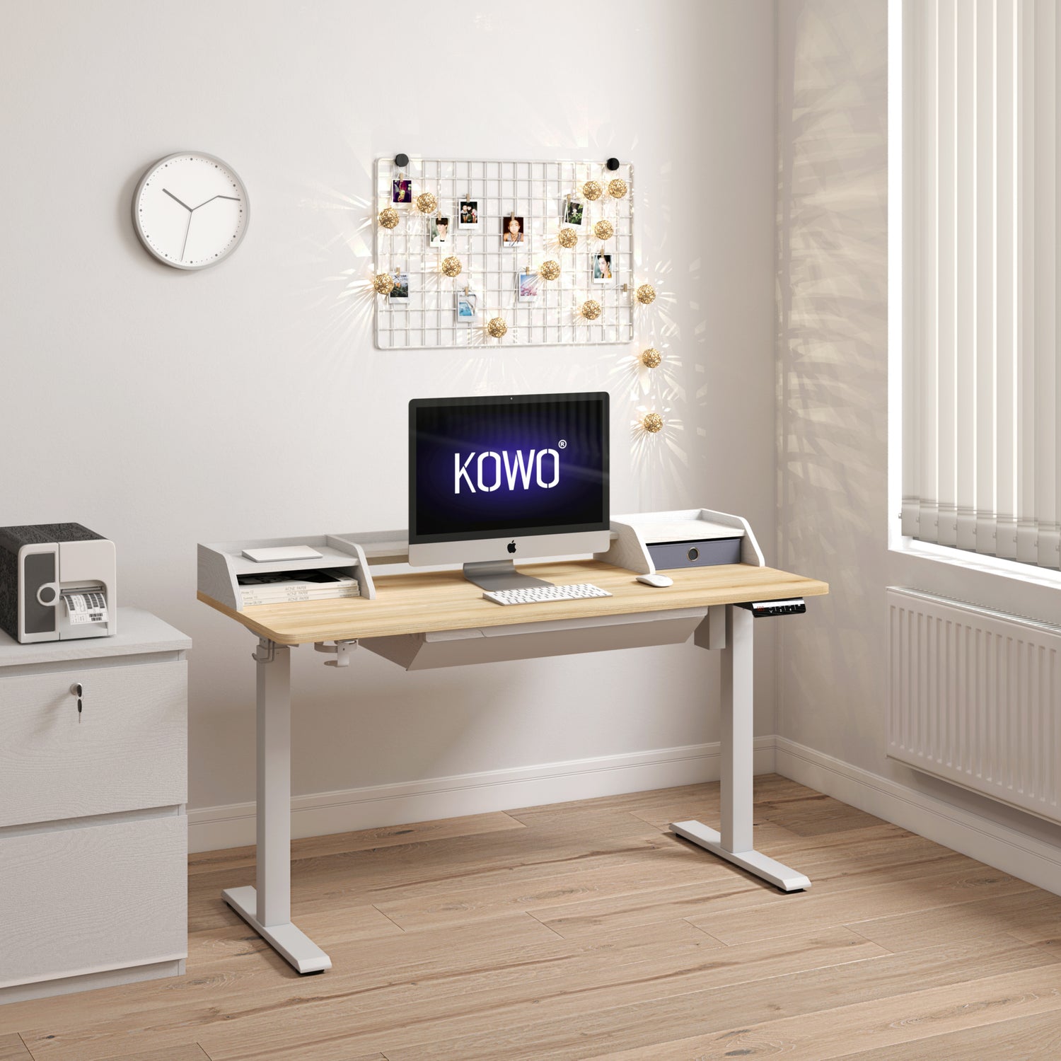 Electrically adjustable standing desk with cupboard