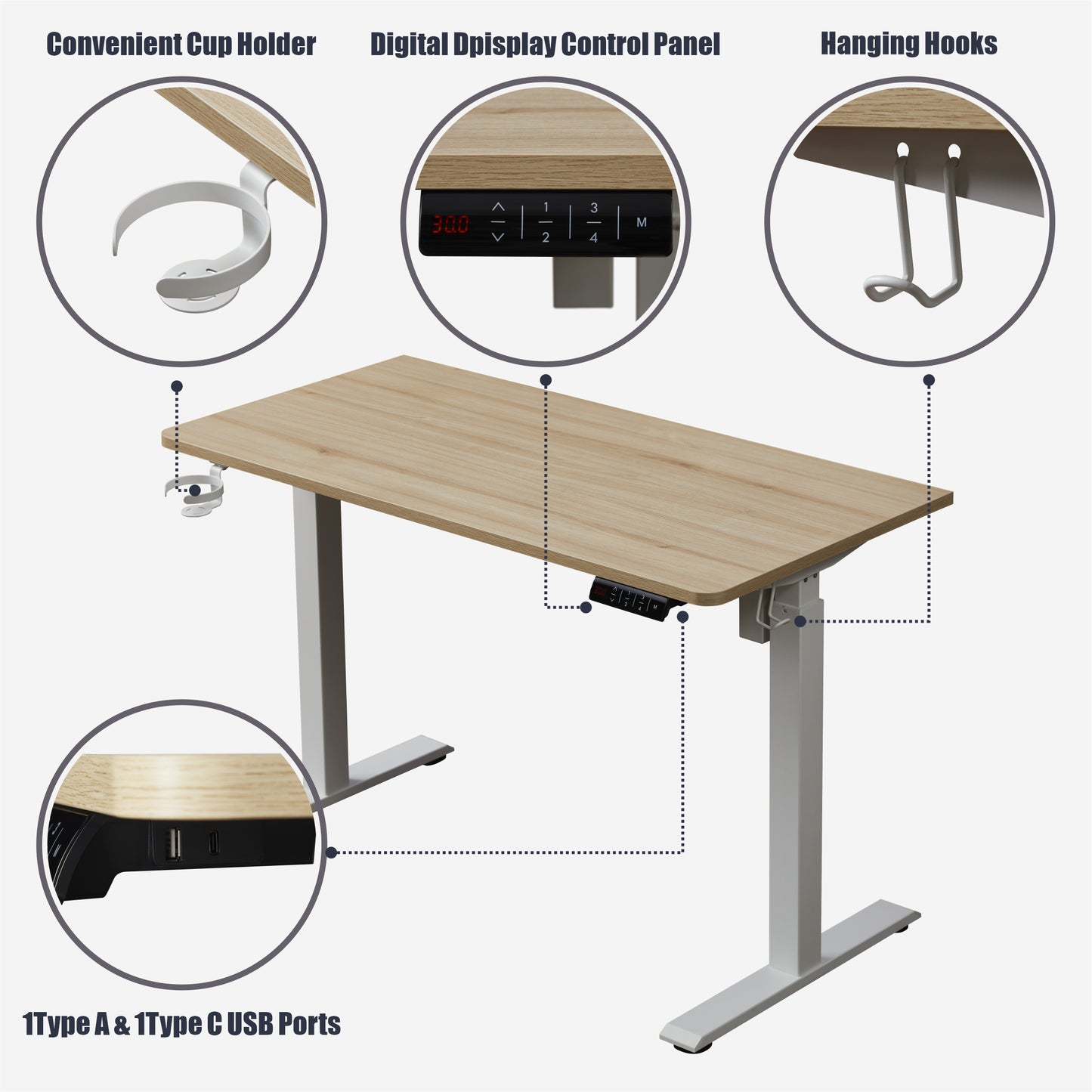 KOWO 55" K305 Electric Height Adjustable Standing Desk with Back Board and Drawer, Natural/White